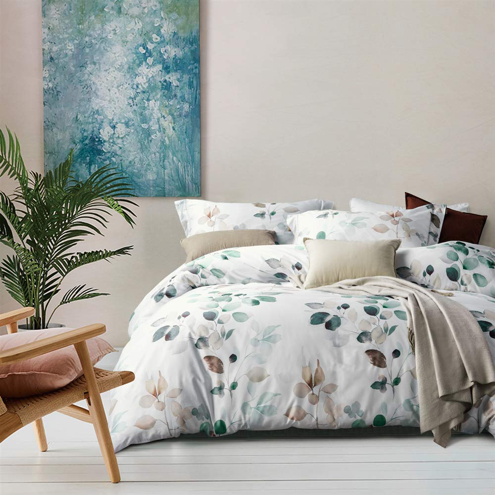 100% Egyptian Cotton Queen Duvet Cover Set - Teal Gradient Leaf Pattern Farmhouse Bedding | Ultra Soft & Breathable Comforter Cover with 2 Pillow Shams | Perfect for Master Bedroom, Guest Room & Cozy Home Decor