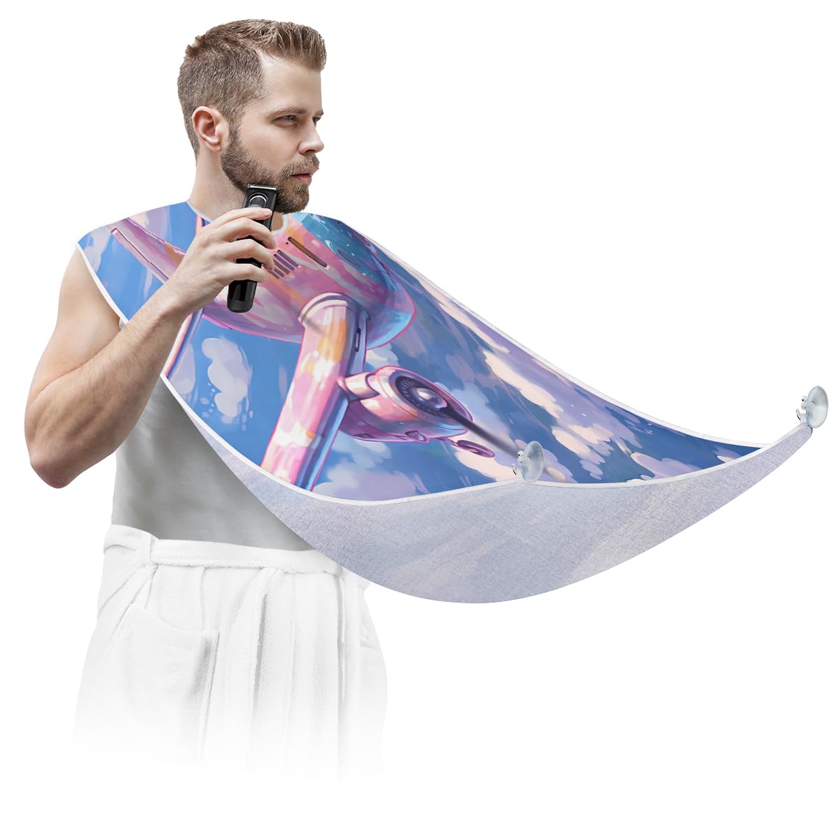 Pink Flying Airplane Beard Shaving Bib for Men - Waterproof Barber Apron for Hair Dye, Makeup & Styling - Sink Hair Catcher & Beard Trimming Accessory - Perfect Gift for Barbers & Grooming Enthusiasts (Great for Home Haircuts, Salon Use & DIY Grooming)