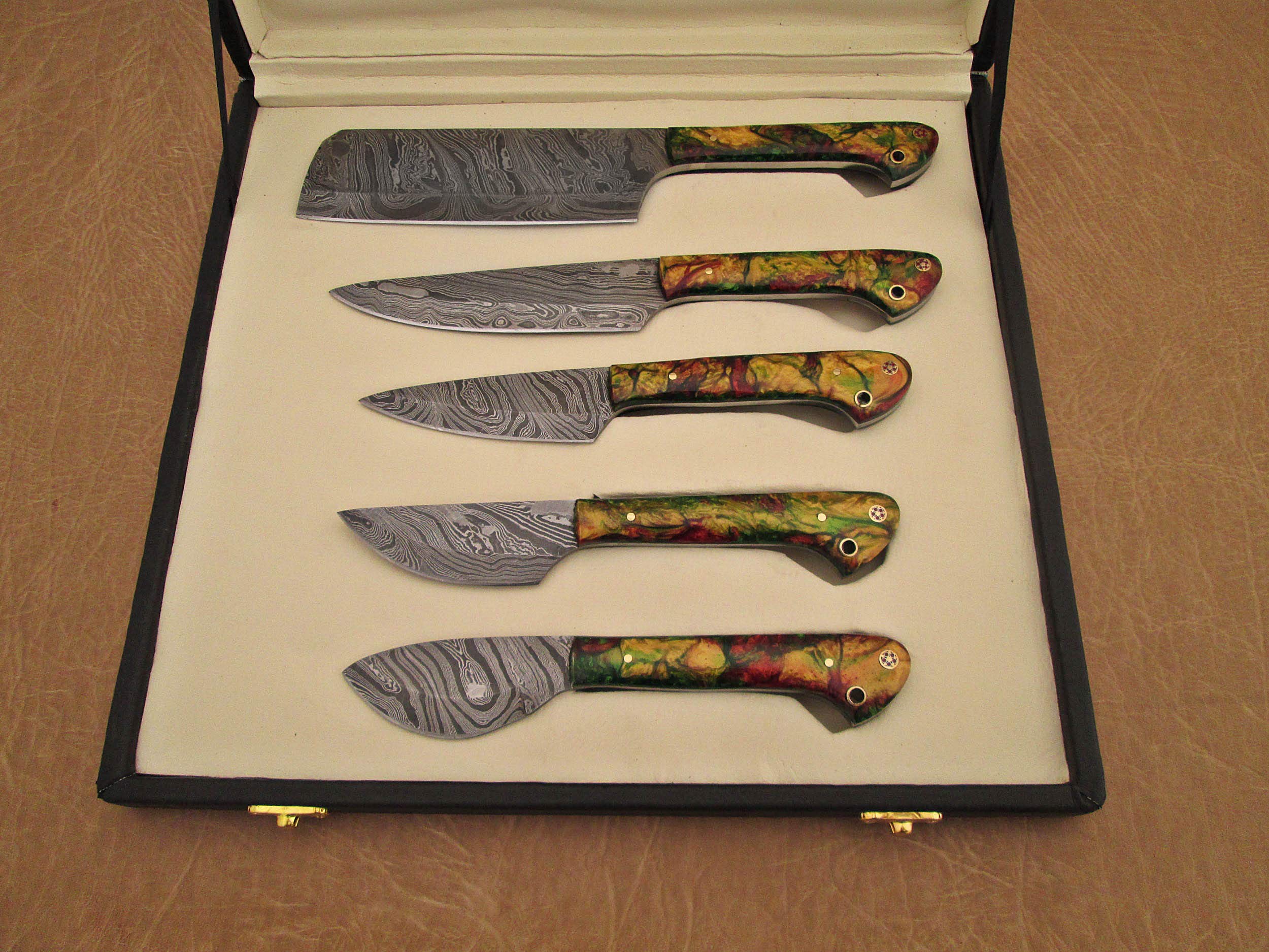 Premium 5-Piece Damascus Steel Kitchen Knife Set with Gift Box - Camouflage Orange Handle - Razor Sharp Chef Knives (10.6