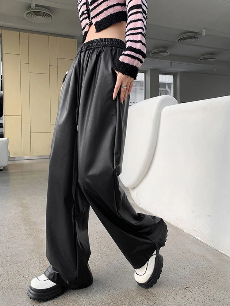 Women's Faux Leather PU Wide Leg High Waist Pants - Elastic Waistband with Lace Up Detail, Straight Leg Full Length Trousers for Autumn Winter Fashion | Perfect for Office Wear, Casual Outfits and Night Out