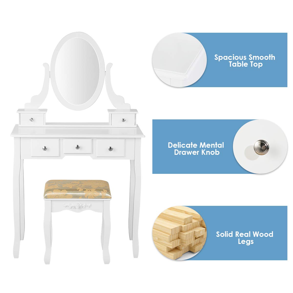 CHARMAID Vanity Table Set with Rotatable Oval Mirror & 5 Drawers - White Dressing Table with Cushioned Stool for Women & Girls | Perfect for Bedroom Makeup, Beauty Organization & Home Decor