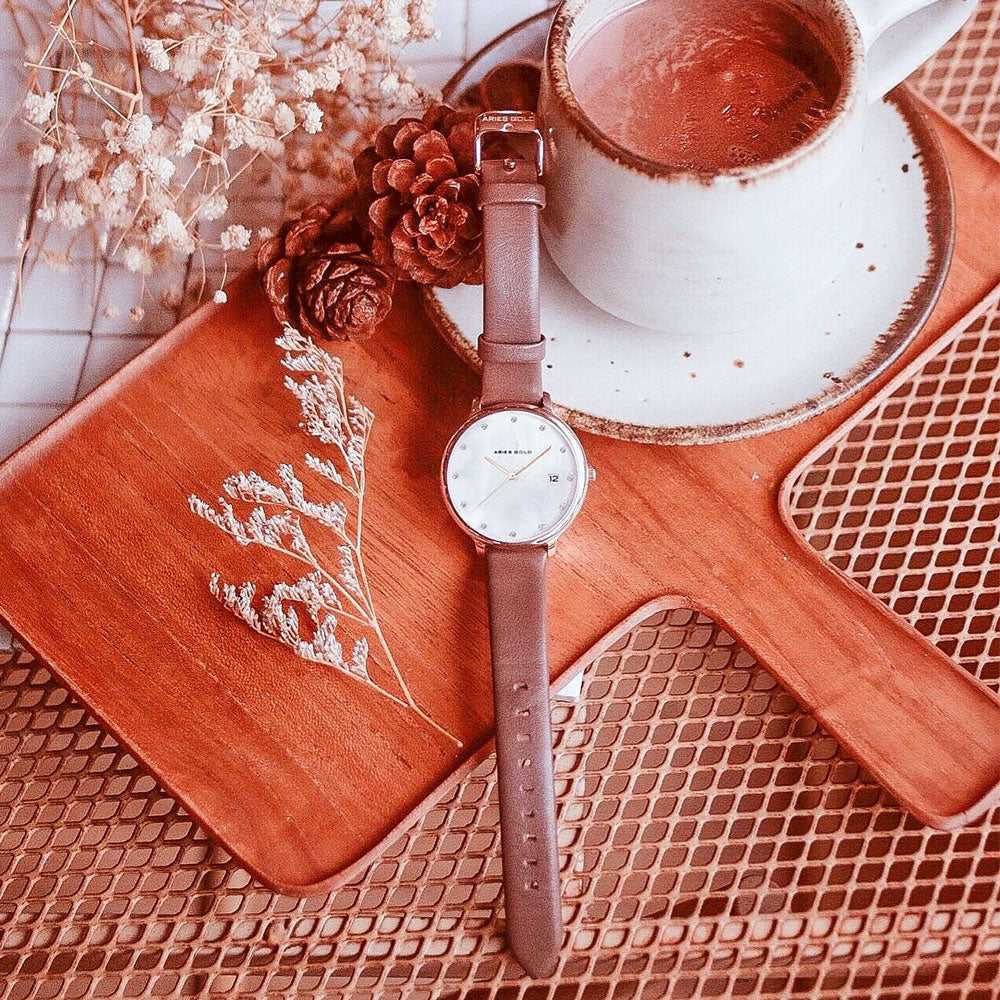 ARIES GOLD ENCHANT FLEUR Rose Gold Stainless Steel Women's Watch with Leather Strap - Elegant Dress Watch for Women, Perfect for Office, Party & Special Occasions