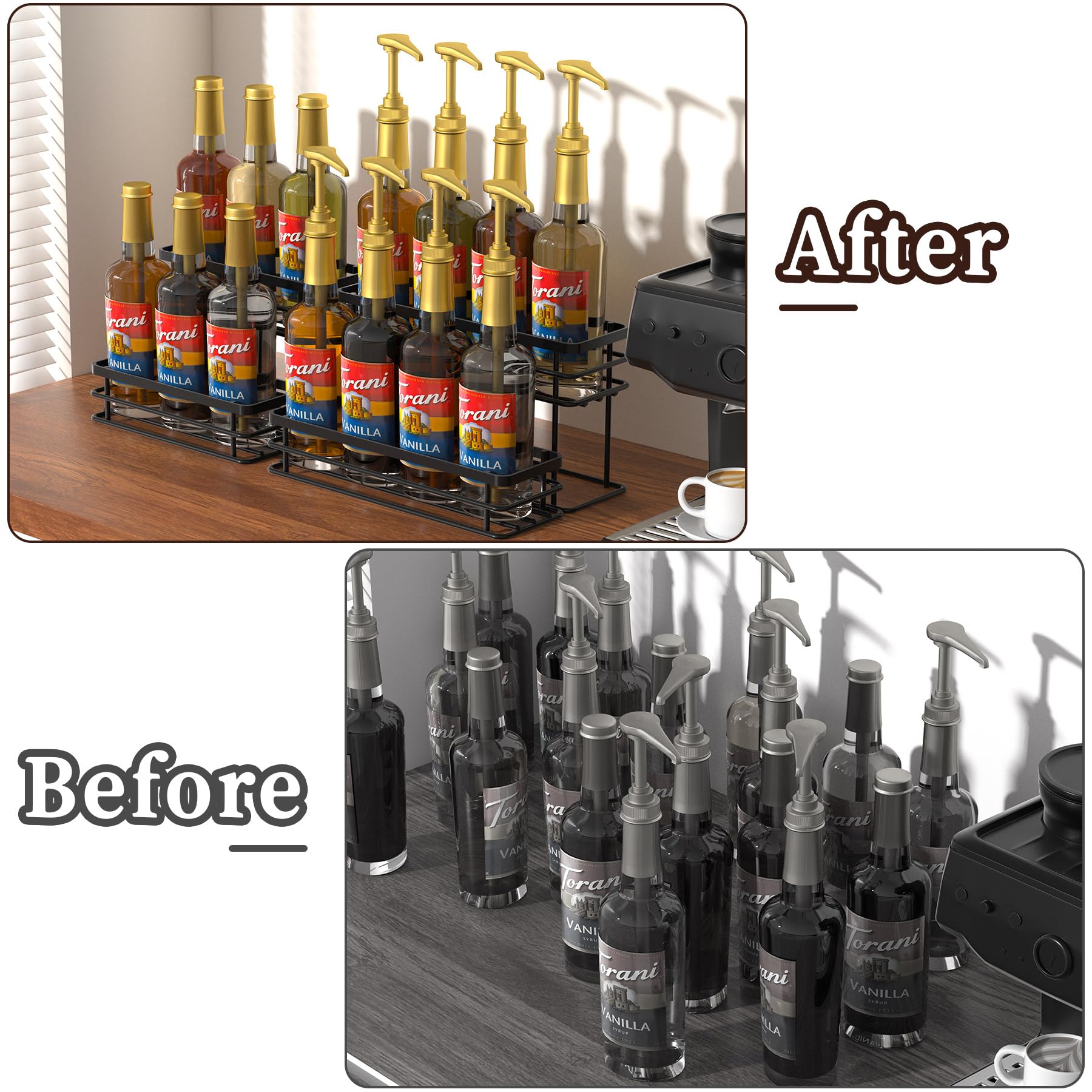 2-Tier Coffee Syrup Organizer Rack - Spice & Seasoning Storage for Kitchen Cabinet, Countertop, Pantry - Compact Wine Rack for Home - Perfect for Coffee Bars, Breakfast Nooks & Small Kitchen Organization (Black)