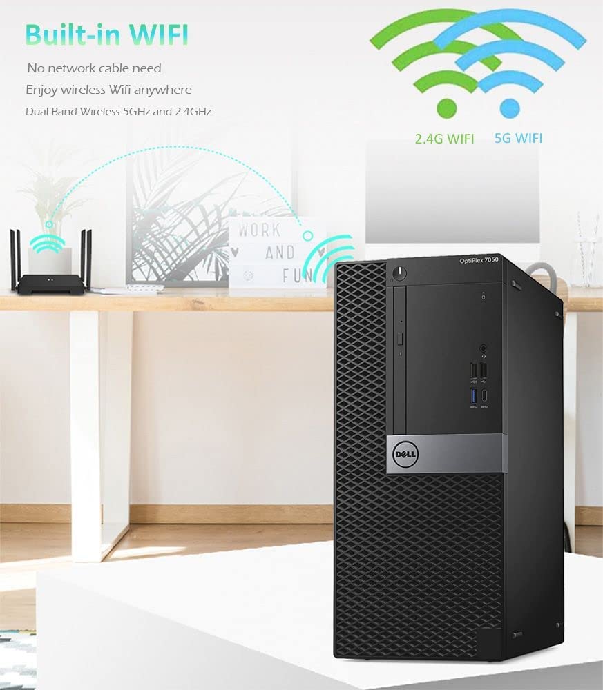 Refurbished Dell OptiPlex 7050 Mini Tower Desktop - Intel Core i7-7700 Processor (Up to 4.2GHz), 32GB DDR4 RAM, 512GB NVMe SSD + 2TB HDD, WiFi 6 (AX200), Bluetooth, Windows 10 Pro - Dual Monitor Support with Wireless Keyboard & Mouse - Perfect for Home Office, Business Workstations & Gaming Setups