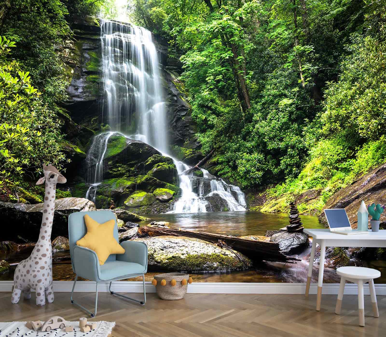 195''x120'' Cascading Waterfalls in Forest Wall Mural - Large Non-Adhesive Wallpaper for Bedroom, Living Room & Kids Room Decor | Perfect for Nature-Themed Home Interiors & Relaxing Spaces
