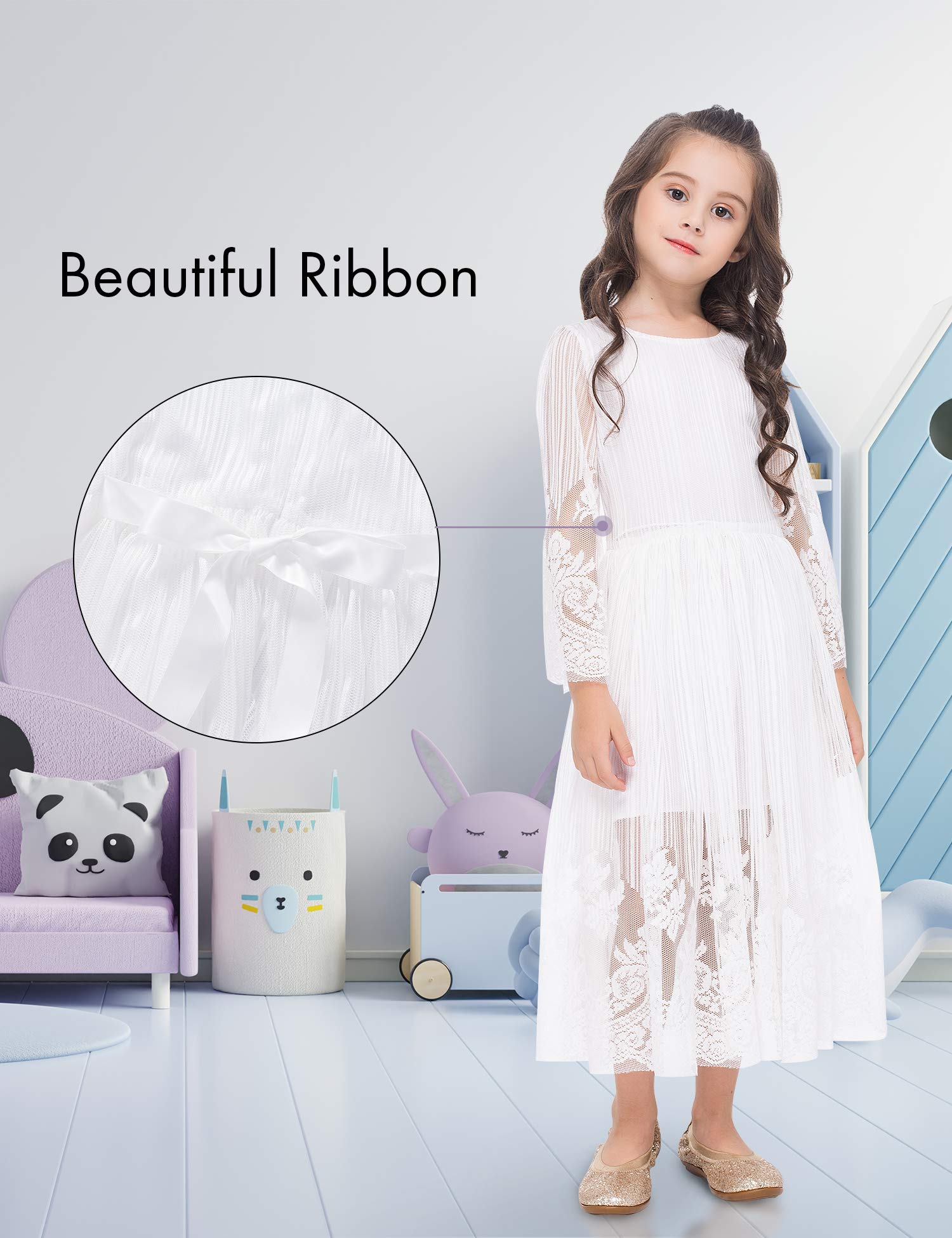 Girls Lace Floral Dress - Long Sleeve Midi First Communion Dress for Flower Girls - Elegant Party, Wedding & Birthday Outfit for Special Occasions