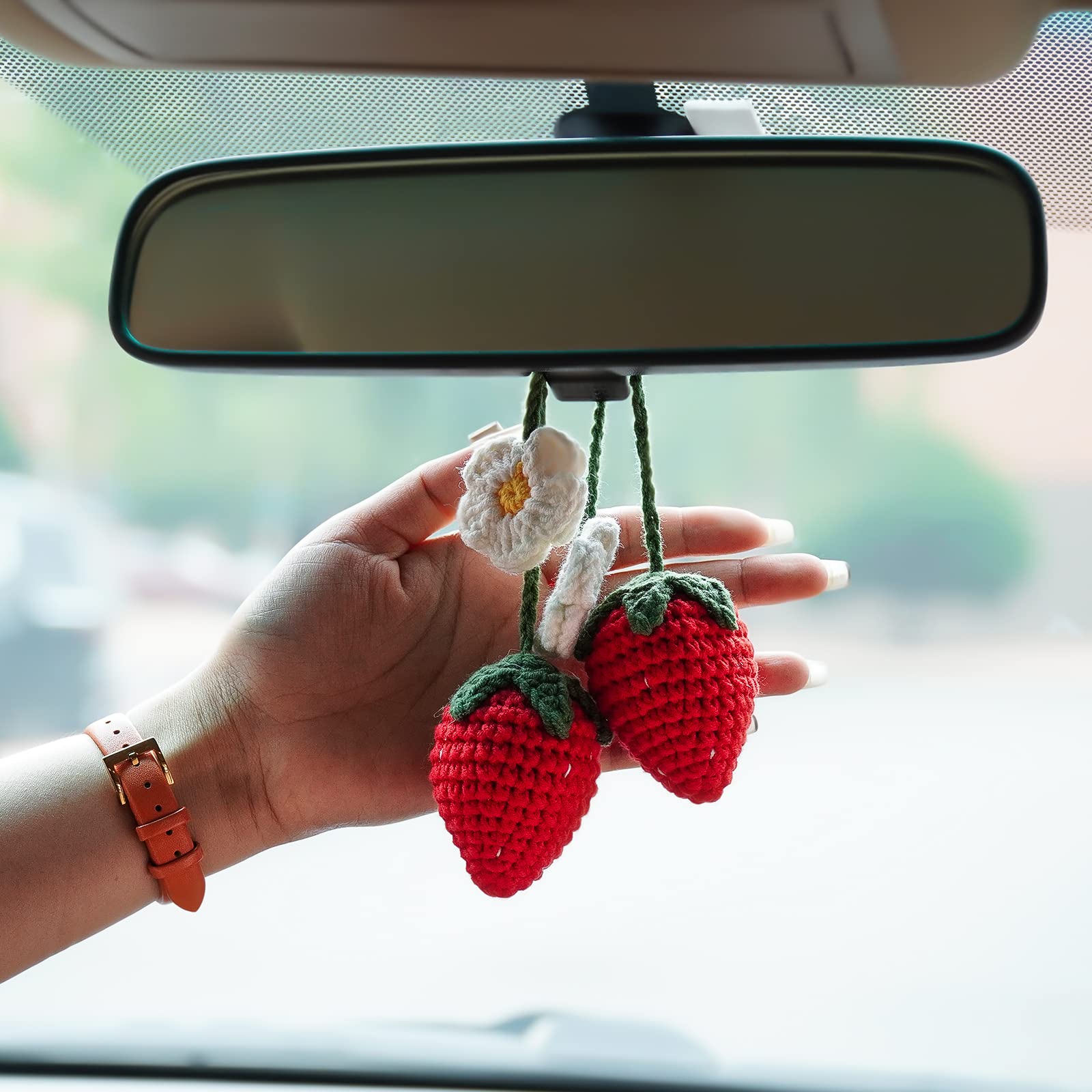 Cute Strawberry Crochet Car Mirror Hanging Decor - Handmade Knitted Ornament for Rearview Charm (2pc Red) - Perfect for Car Interior Styling