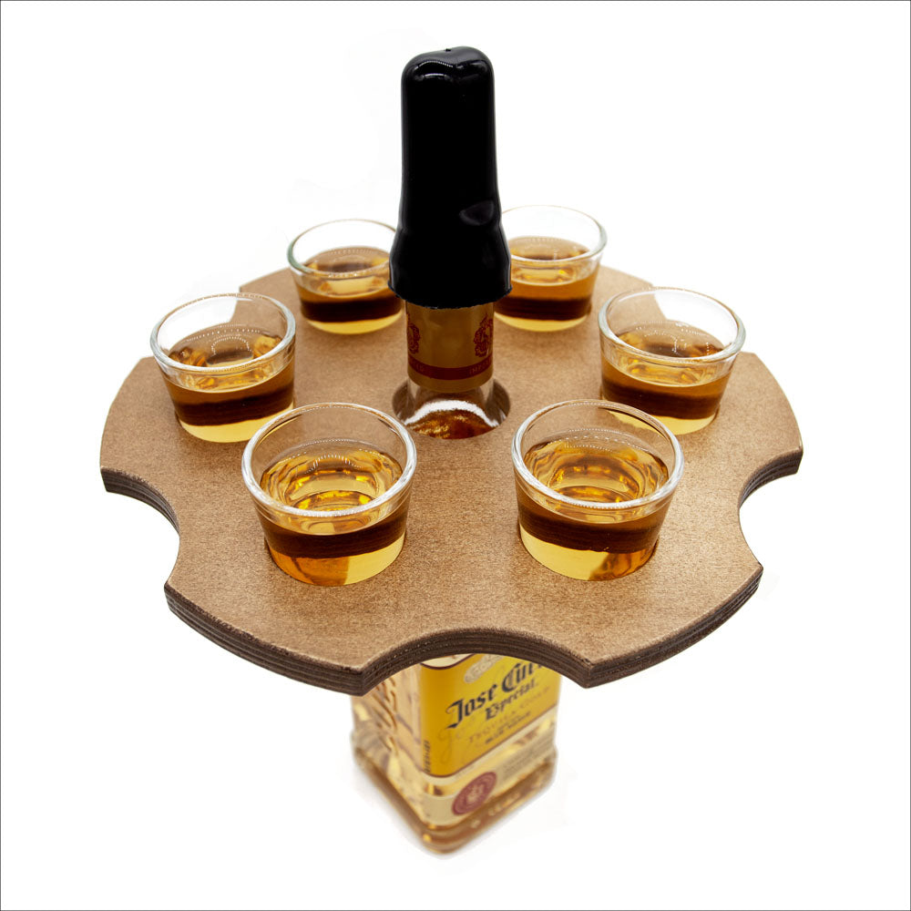 6 Shooter Wooden Shot Glass Holder & Bottle Topper Set - Black or Stained Finish - Perfect for Home Bars, Parties, and Whiskey Lovers
