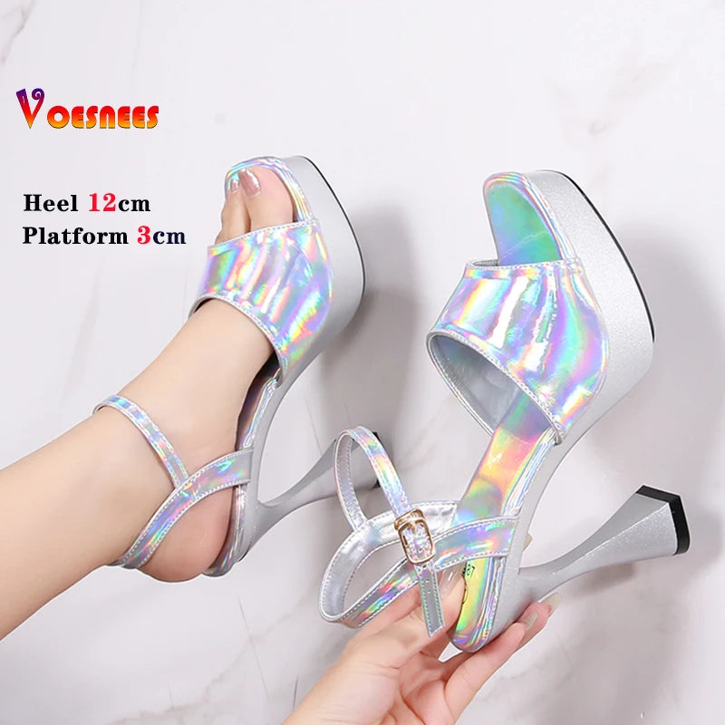 2024 Women's Laser 12CM Peep Toe Platform Sandals - Shiny Block Heel Pumps with Thick High Heels for Summer | Outdoor Slides & Dressy Occasions | Perfect for Beach, Party, and Evening Wear