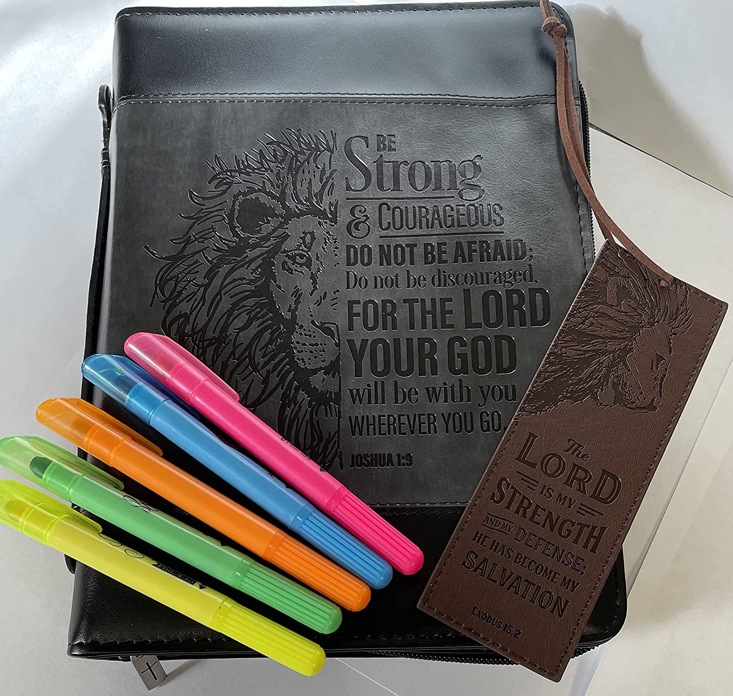 Men's Bible Case & Accessories Set - Large Religious Gift for Christian Men with Bible Cover, Highlighter & Bookmark | Perfect for Church, Bible Study & Travel