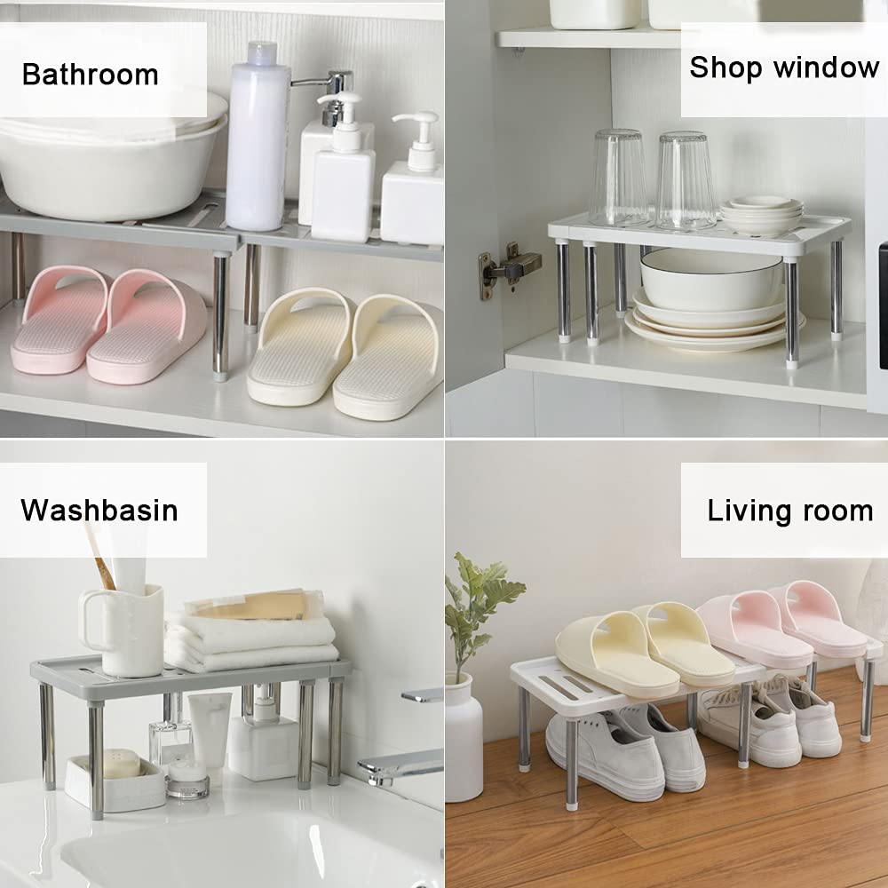 1 Pack Expandable Cabinet Organizer Shelf - 13.8 x 6.9 x 5.9 Inches Kitchen Cupboard Organizer, Free Standing Spice Rack, Retractable Storage Shelf for Bathroom, Countertop, Pantry (White) - Perfect for Small Space Organization in Kitchen, Bathroom & Closet