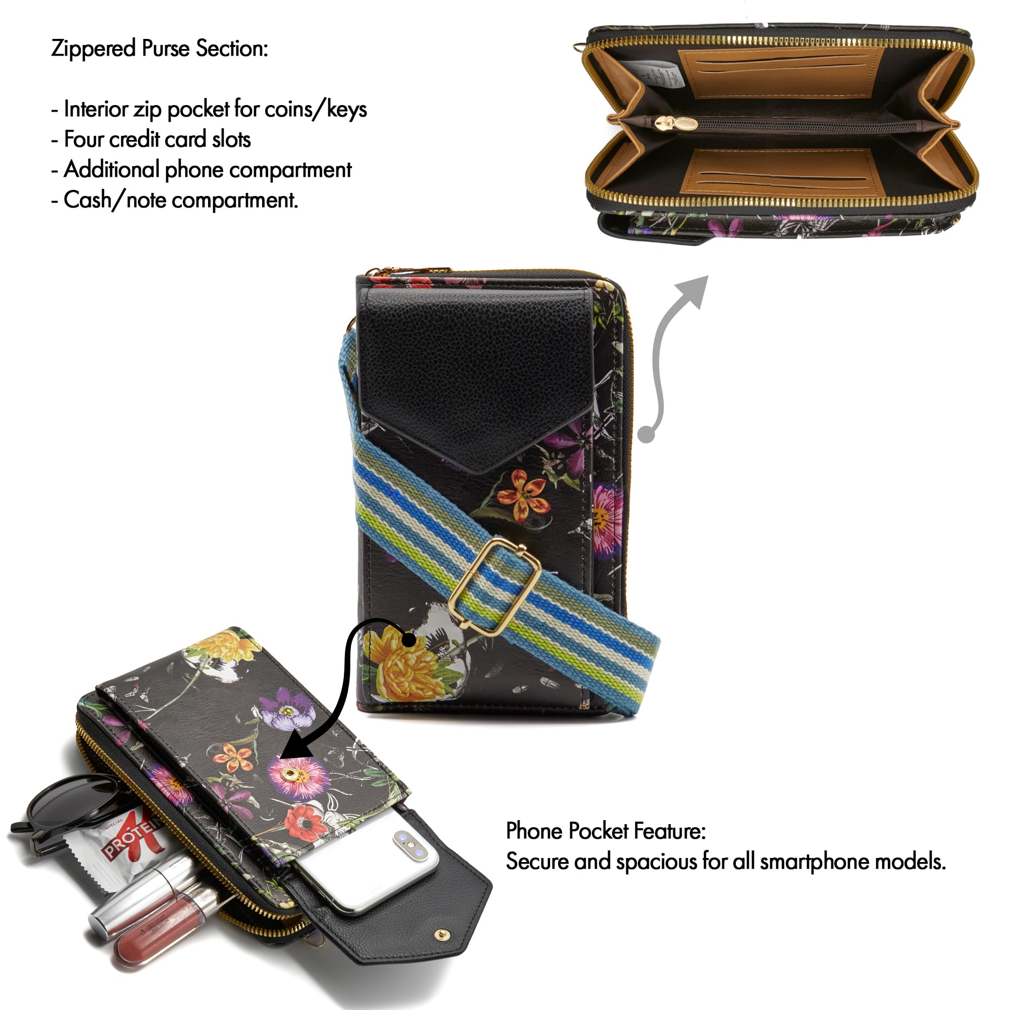 Woodland Vegan Leather Crossbody Phone Bag for Women - Anti-Theft Zipper Pocket, Multi-Section Card Holders | Stylish & Compact Purse for Everyday Use, Travel & Shopping