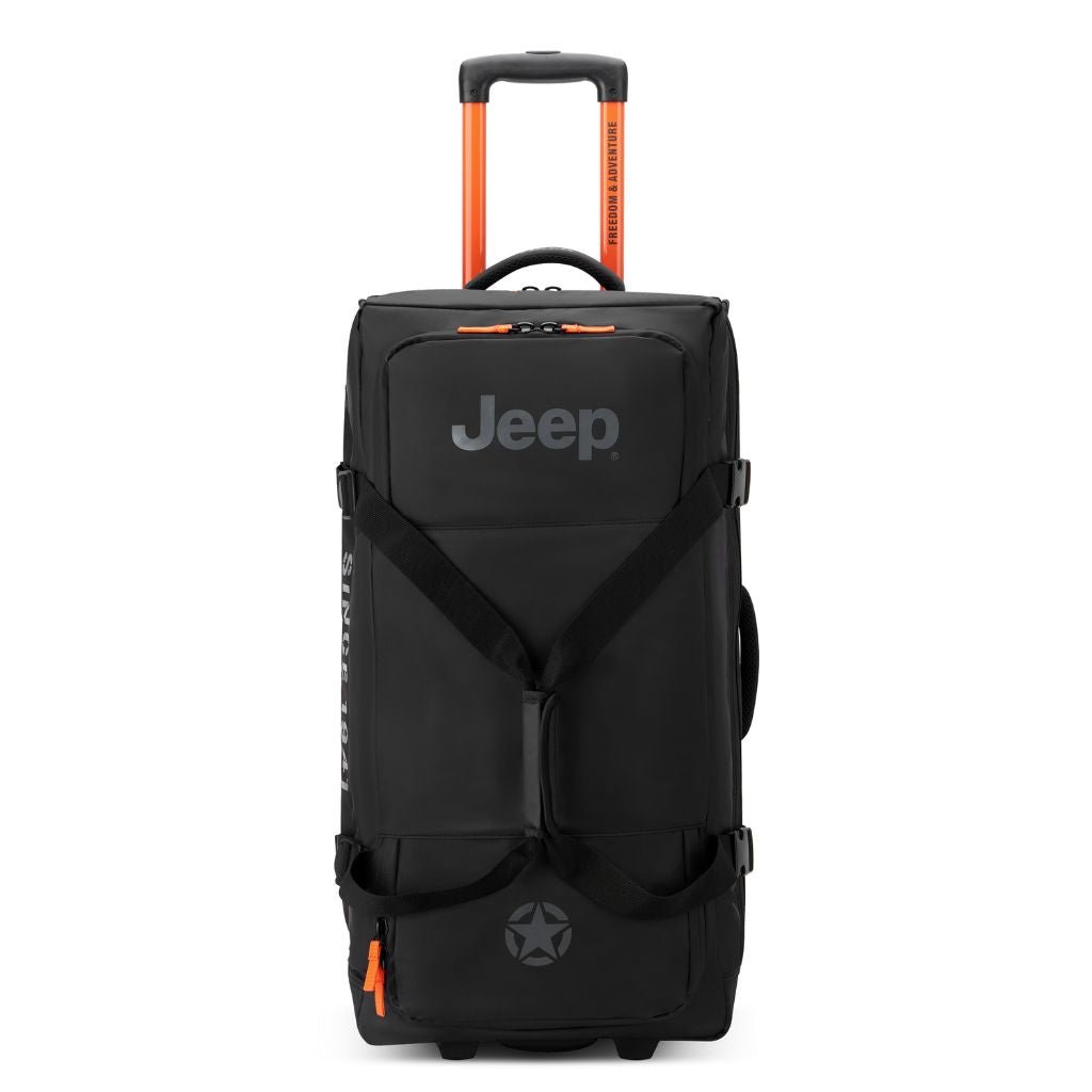 Jeep 73cm 2-Wheel All-Terrain Rolling Duffle Bag - Black | Heavy-Duty Travel Luggage for Camping, Hiking & Outdoor Adventures