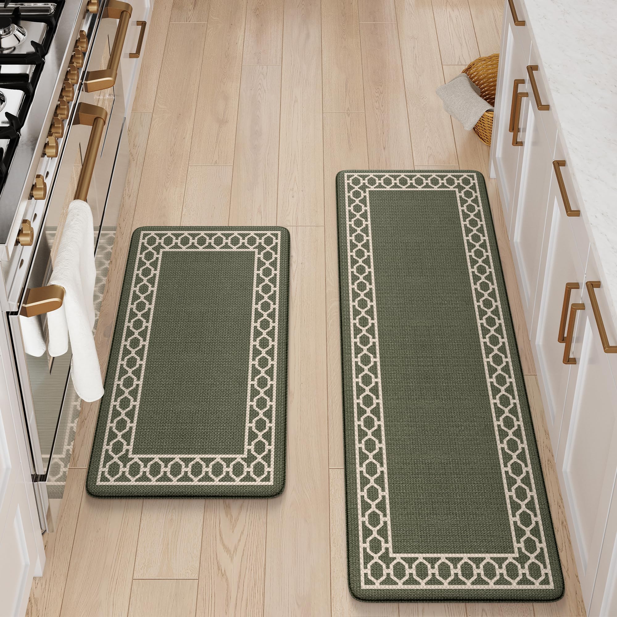 LEEVAN Anti-Fatigue Kitchen Floor Mats - Non-Slip Cushioned Memory Foam Standing Mat Set (2-Piece, Olive Green) | Waterproof & Ergonomic Design for Office, Bar, Desk, Laundry Room | Comfortable Support for Long Standing Hours at Work or Home
