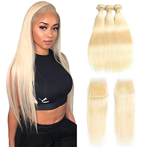 613 Platinum Blonde Human Hair Extensions - 3 Bundles with 4x4 Transparent Lace Closure - Brazilian Straight 9A Remy Hair - Can Be Dyed (12
