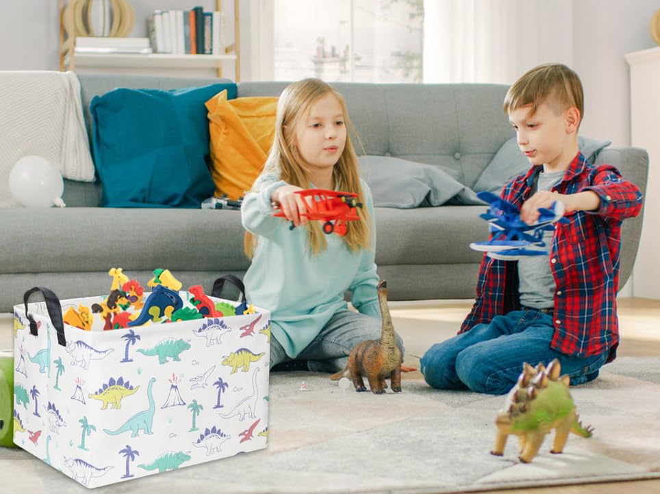 Dinosaur Storage Basket for Boys - Rectangular Kids Toy Organizer Bin, Baby Room Decor & Dinosaur Gift Box - Blue Dinosaur Design for Bedroom, Playroom & Nursery Organization