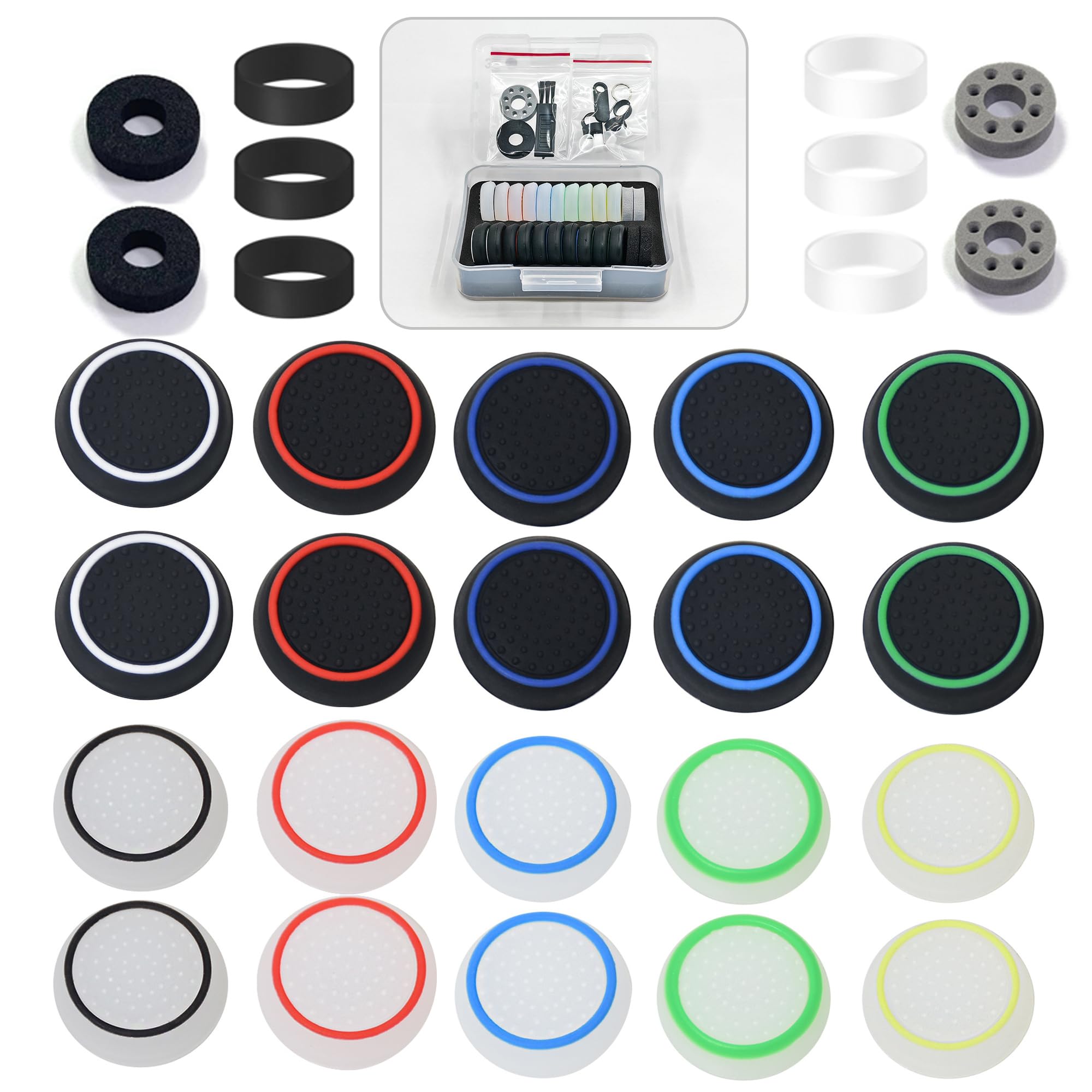 PS5/PS4/Xbox/Switch Pro Controller Thumb Grips & Precision Rings Set (30pcs) - Black & White - Enhanced Grip for Gaming, FPS, Racing & Sports Games
