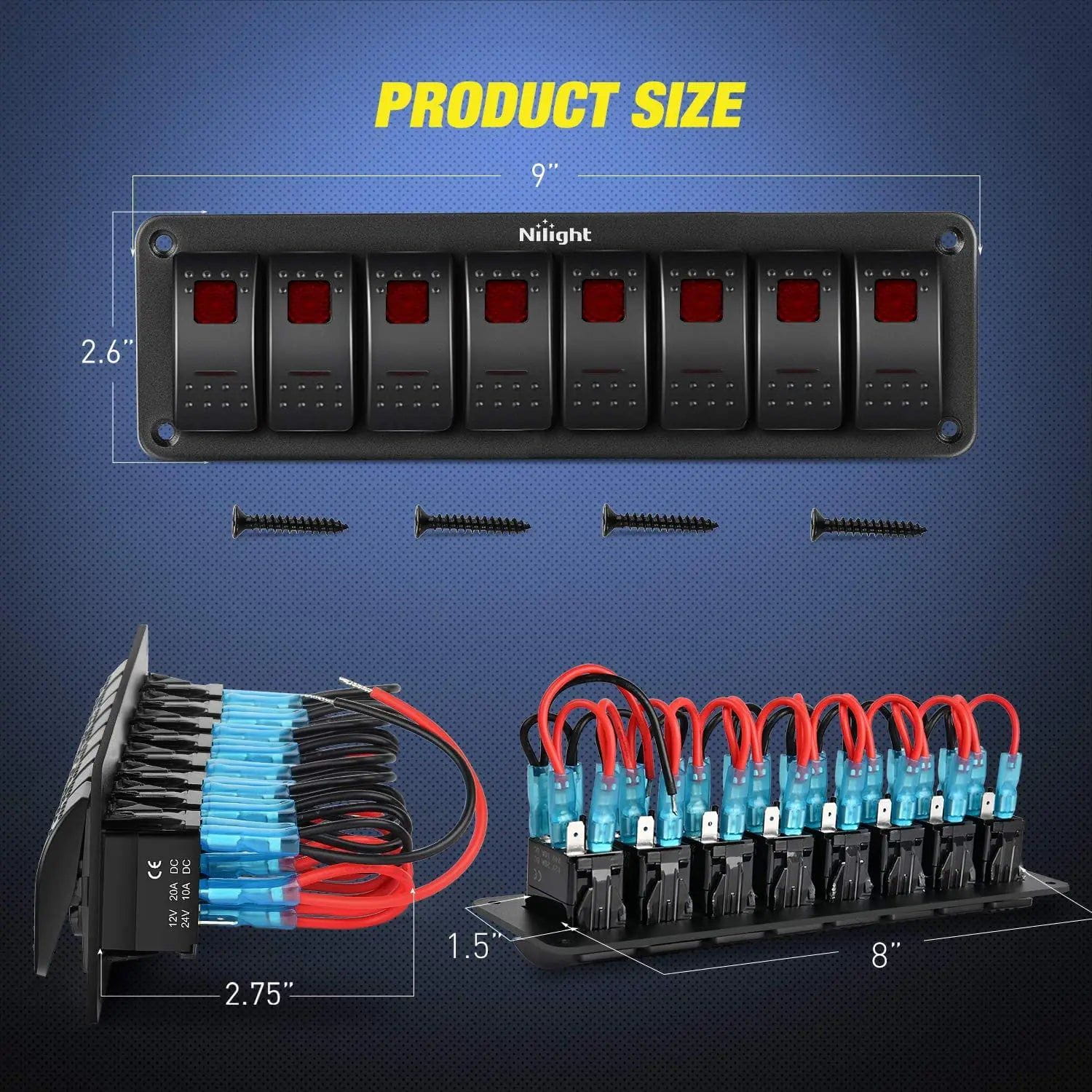 8 Gang Aluminum 5 Pin ON/Off Red Rocker Switch Panel - Heavy Duty Marine, RV, Car Audio & Industrial Control Panel for Boats, Trucks & Electrical Systems