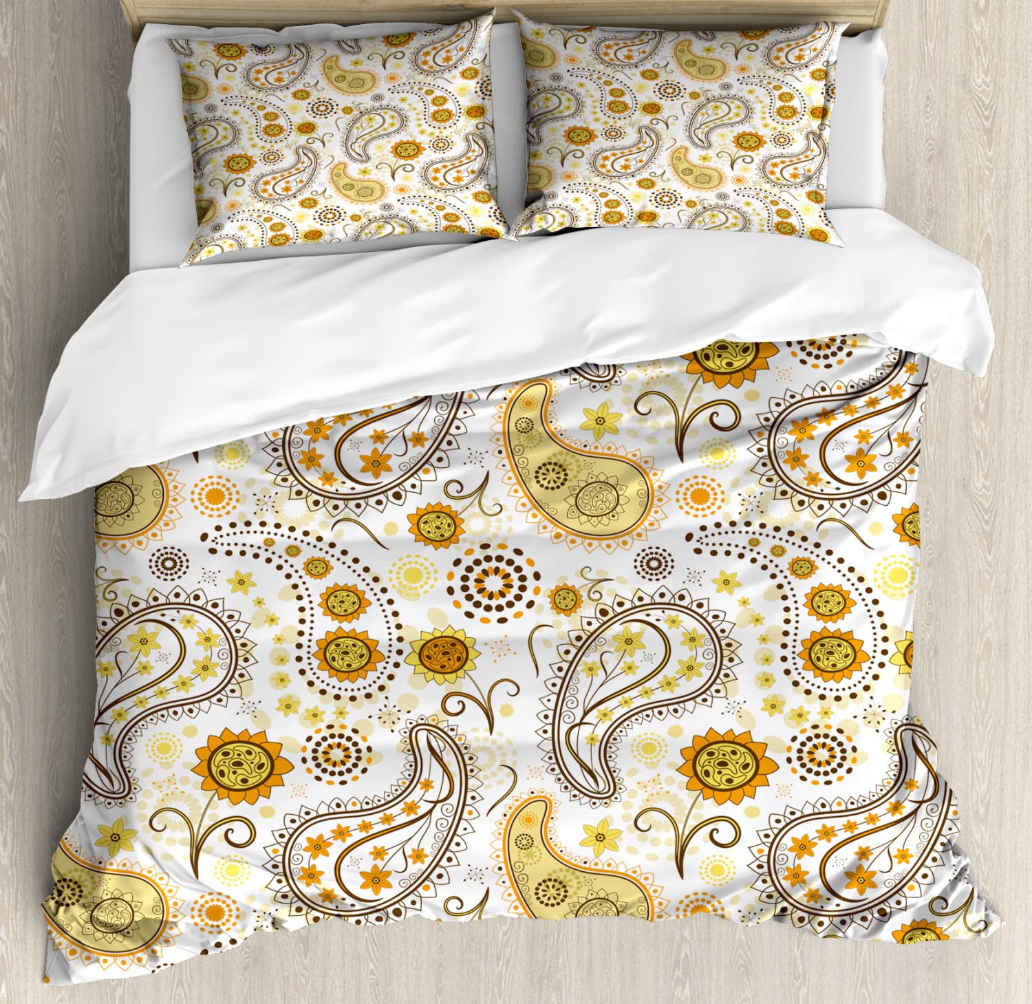 Ambesonne Sunflower Duvet Cover Set - Queen Size 2-Pack with 2 Duvet Covers & 4 Pillowcases | Vintage Floral Boho Bedding in Orange, Yellow & White Paisley Pattern | Perfect for Bohemian Bedroom Decor & Guest Room Styling