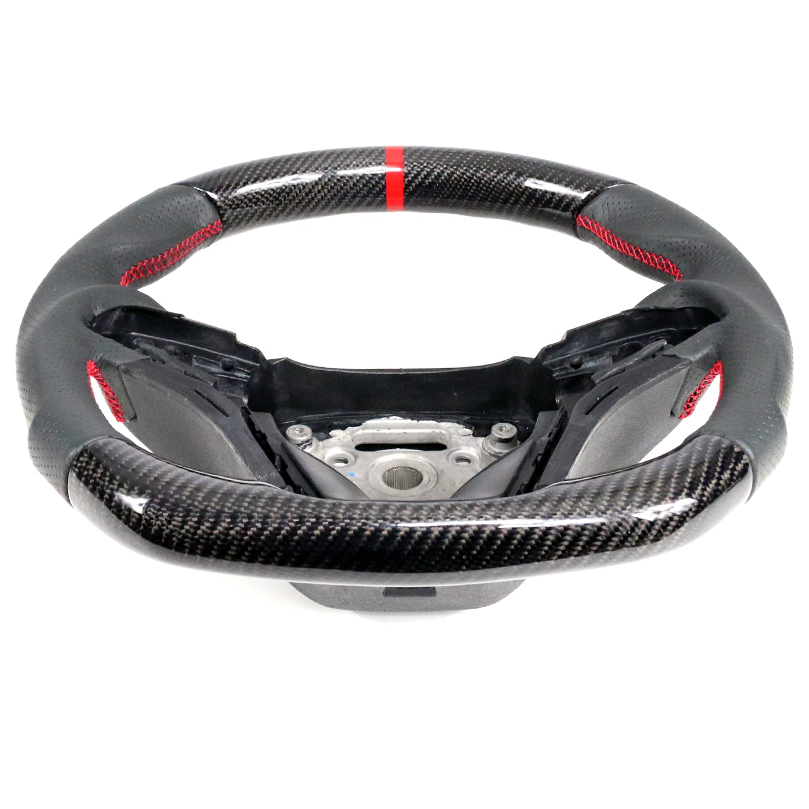 IKON MOTORSPORTS Steering Wheel for 2012-2015 Chevy Camaro - Black Carbon Fiber & Perforated Leather with Red Stitching & Red Indicator - Brushed Aluminum Trim Kit - Upgrade for Racing & Street Performance