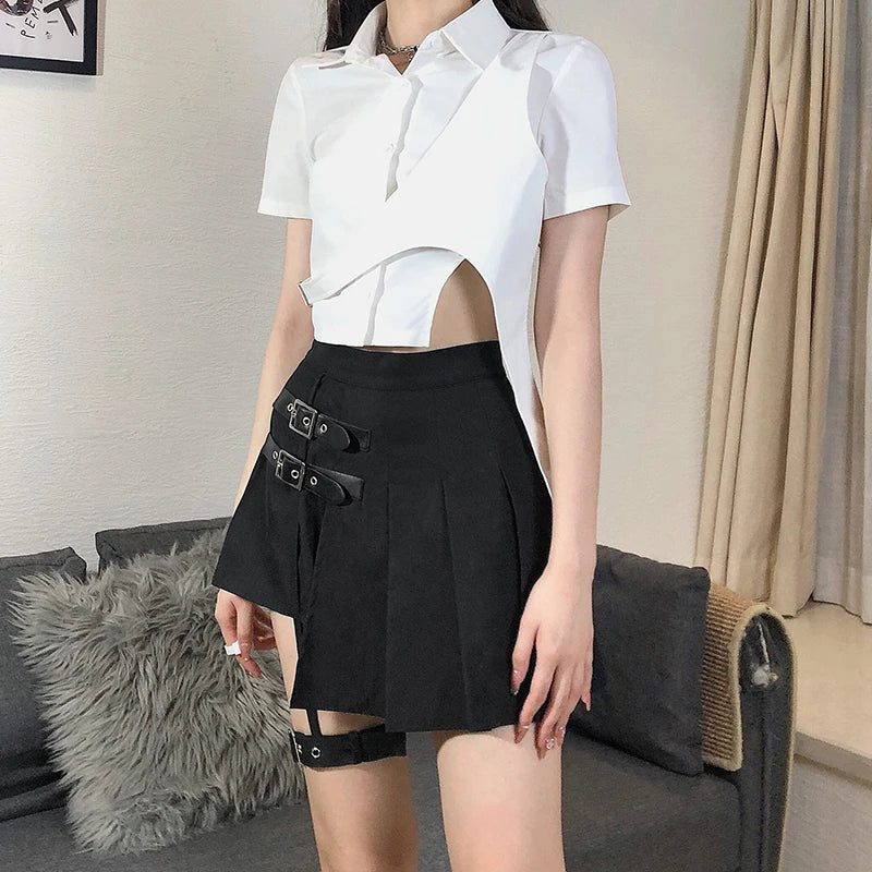 Punk Style Black Pleated Asymmetrical Skirt for Women | High Waist Buckle Detail | Gothic Mini Skirt for Summer | Perfect for Parties, Concerts & Night Out