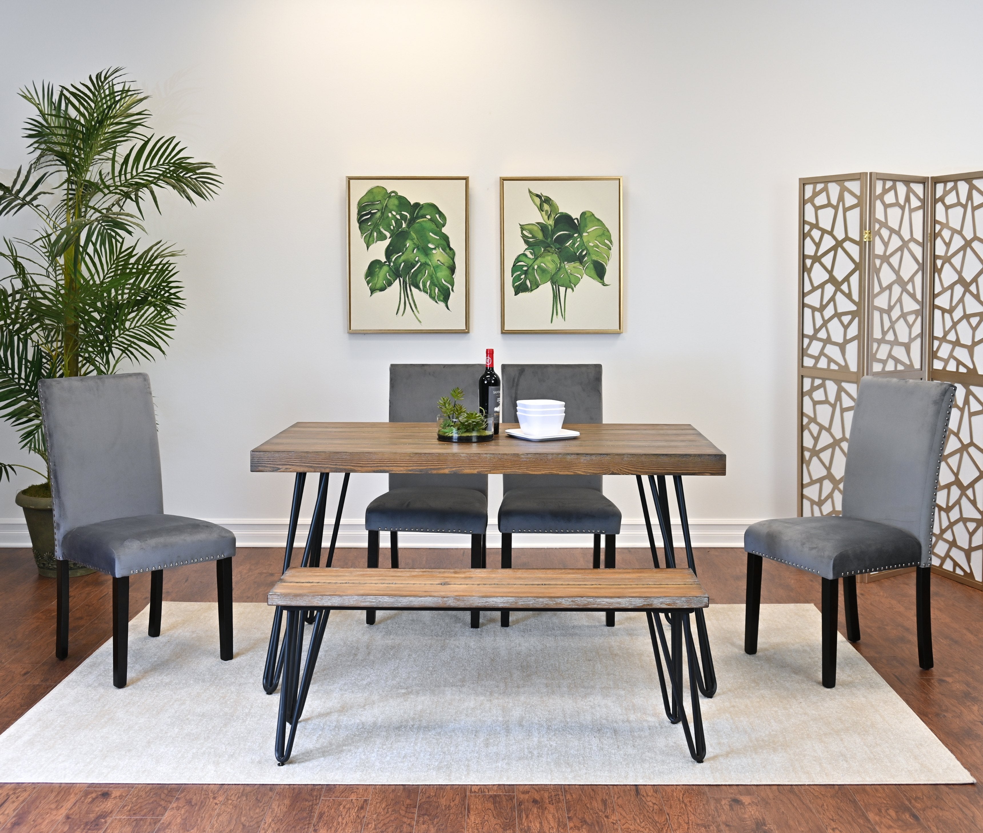 Roundhill Furniture Ashzo 6-Piece Dining Set with Hairpin Leg Table, 4 Chairs & Bench - Modern Kitchen & Dining Room Furniture for Small Spaces | Perfect for Breakfast Nook, Apartment Dining, and Entertaining Guests