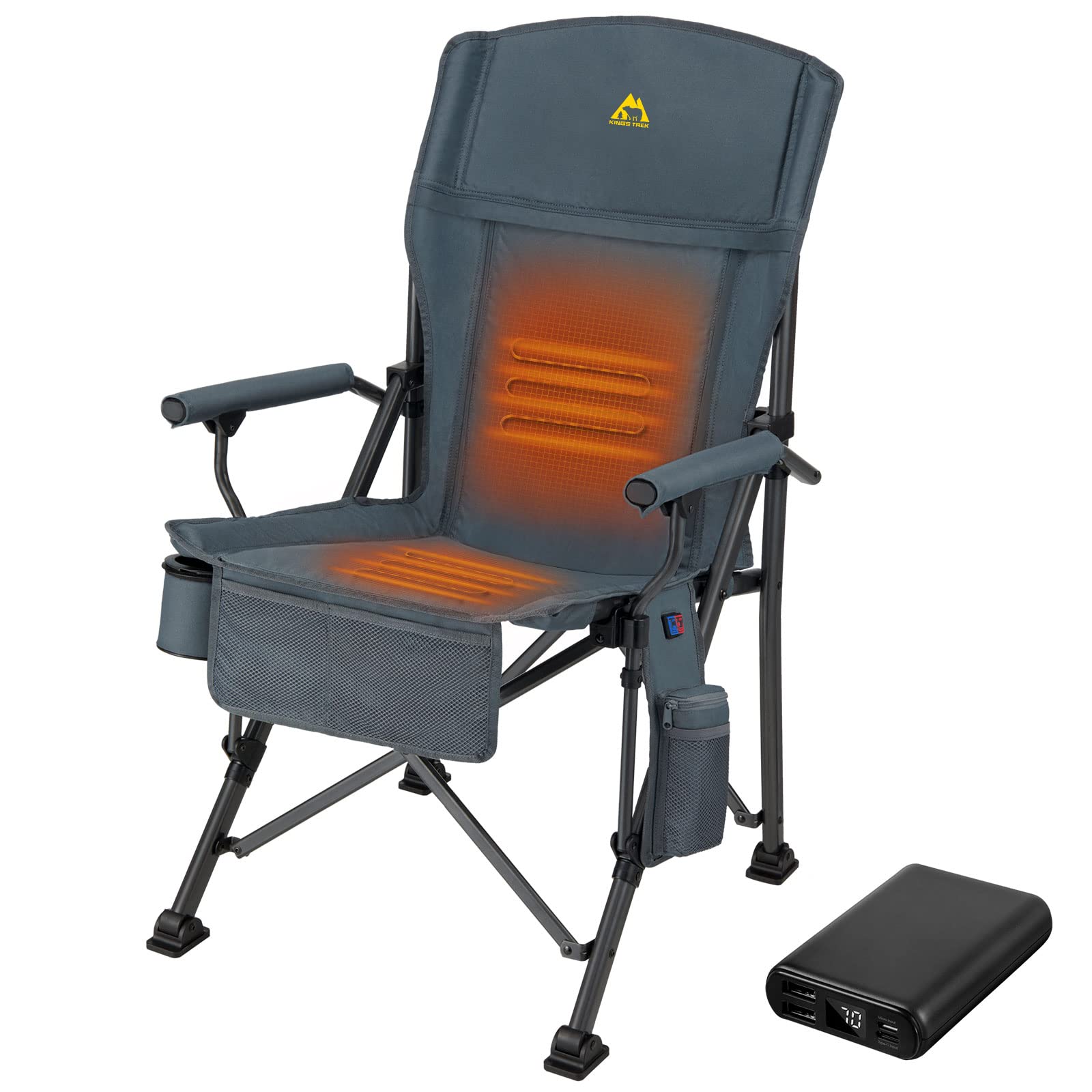 KINGS TREK Heated Camping Chair with Battery Pack & Removable Cushion - Heavy Duty Portable Folding Chair for Outdoor, Camping, Beach, Picnic - Perfect for Backyard, Tailgating, and Fishing (Gray)