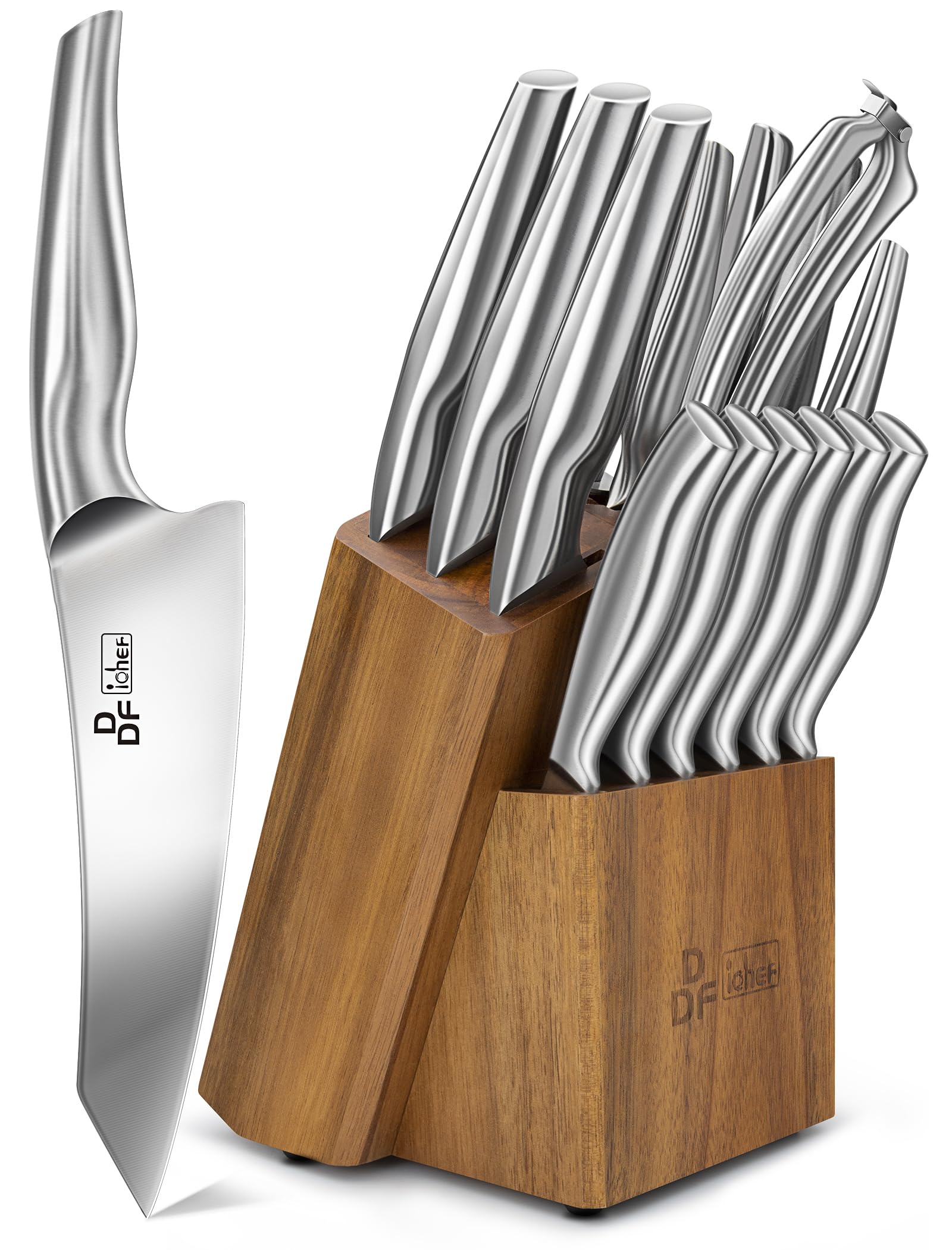 16-Piece Japanese Stainless Steel Kitchen Knife Set with Wooden Block - Ultra Sharp Chef Knives, Paring Knife, Bread Knife & Knife Sharpener - Perfect for Home Cooking, Professional Chefs & Gift Giving