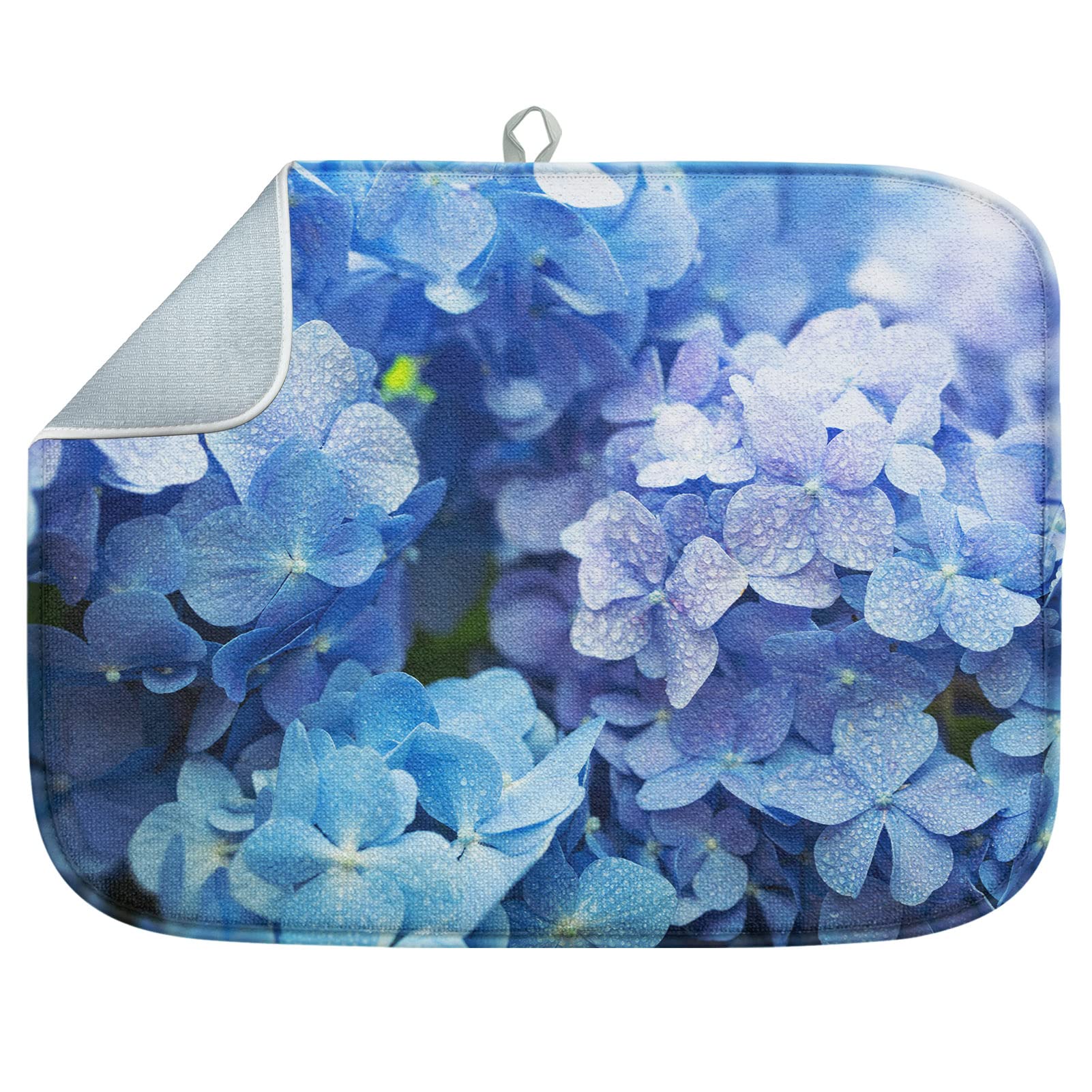 Sanwarm Absorbent Dish Drying Mat - Blue Purple Hydrangea Flower Microfiber Kitchen Counter Pad | Heat Resistant & Reversible (18