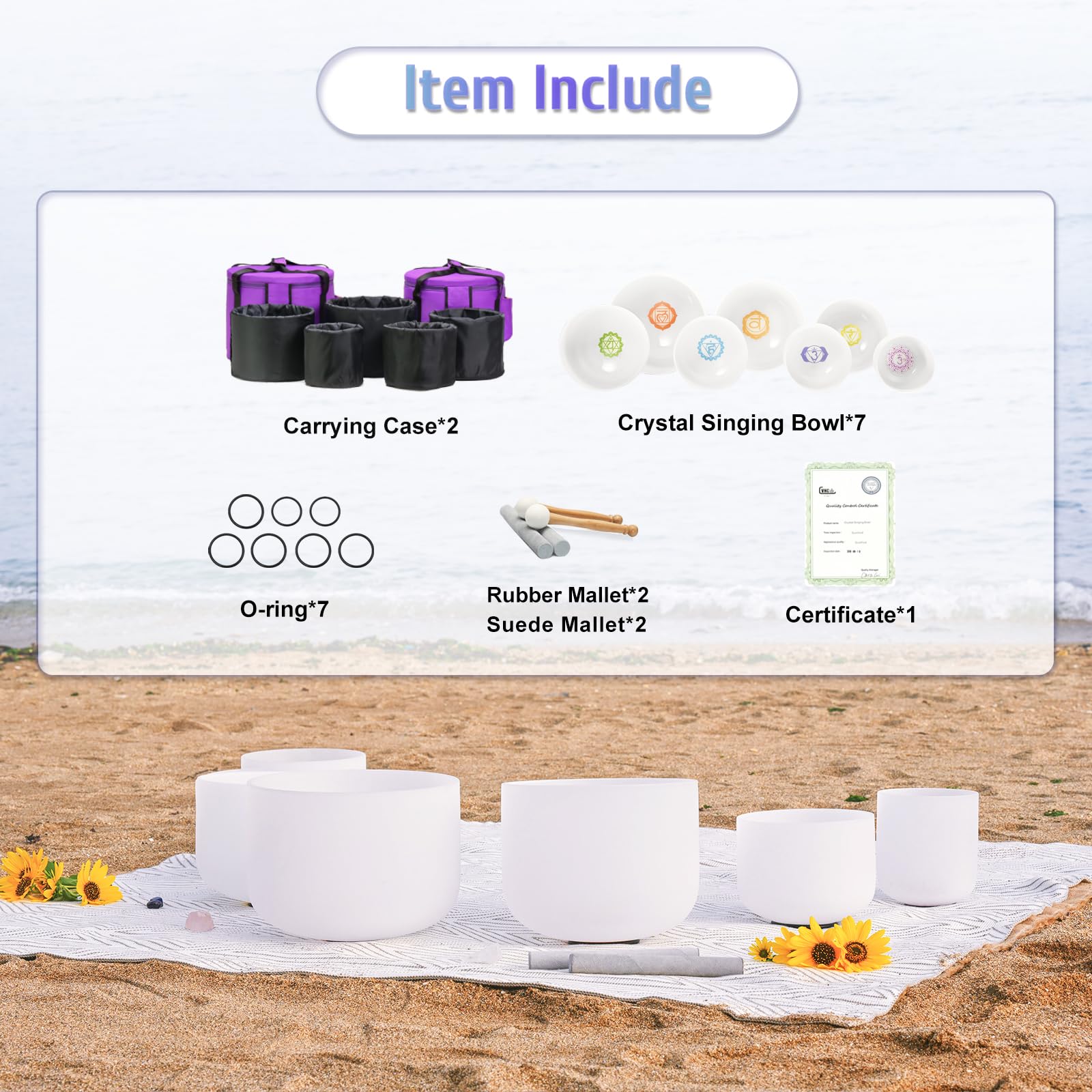 440Hz 6-12 Inch Set of 7 Frosted Quartz Crystal Singing Bowls with 2 Carry Bags | Paternoster Healing Meditation & Sound Therapy Tools for Yoga, Reiki & Chakra Balancing