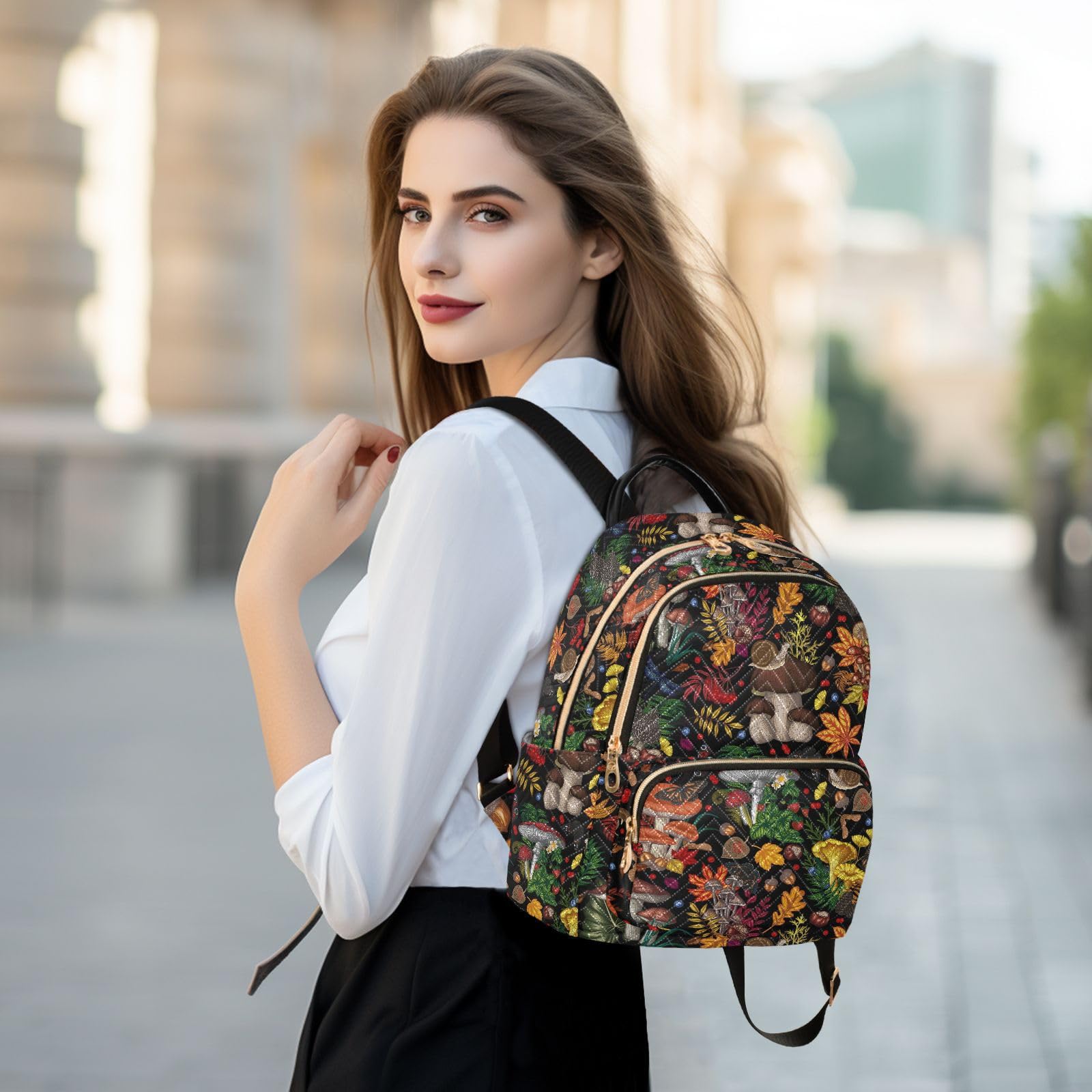 Stylish Women's Backpack with Mushroom Plant & Insect Print - Durable Rucksack for School, College & Outdoor Adventures