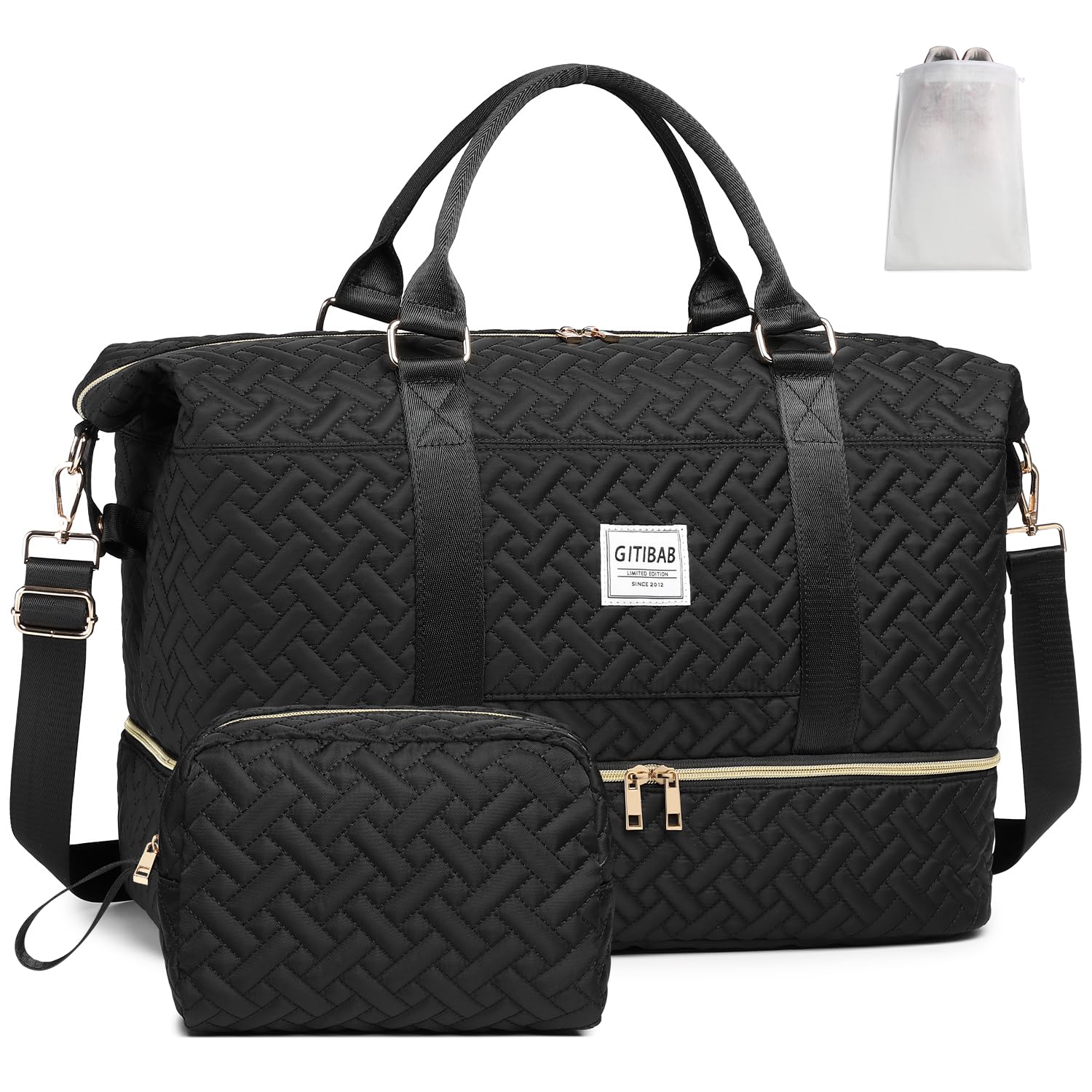 Women's 50L Quilted Duffle Bag - Large Travel Weekender with Shoe Compartment | Carry On Overnight Gym Tote Bag for Business Trips, Workouts & Weekend Getaways