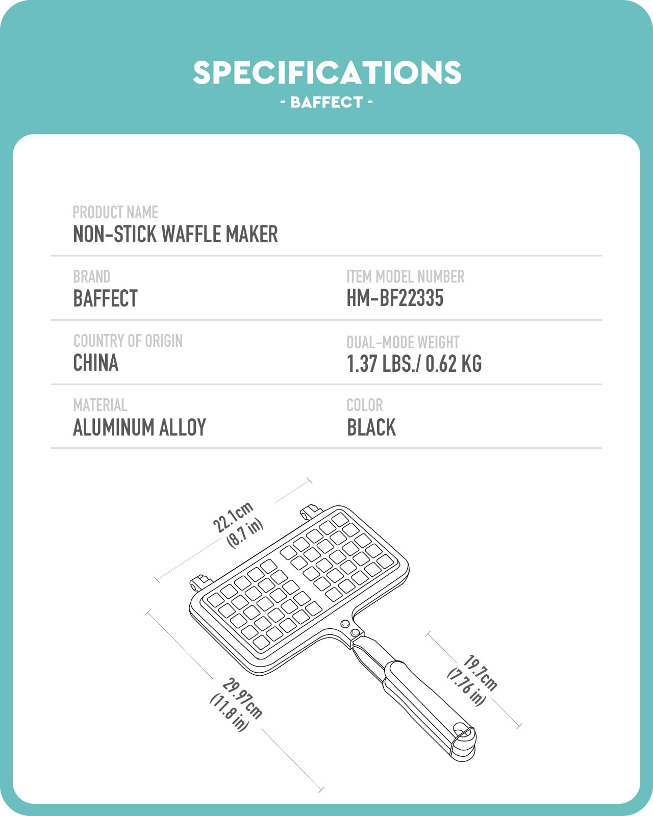Baffect Non-Stick Cast Aluminum Stovetop Waffle Iron - 8.7 Inch Portable Waffle Maker for Camping, Home & Breakfast - Perfect for Family Baking, Outdoor Adventures & Quick Morning Meals