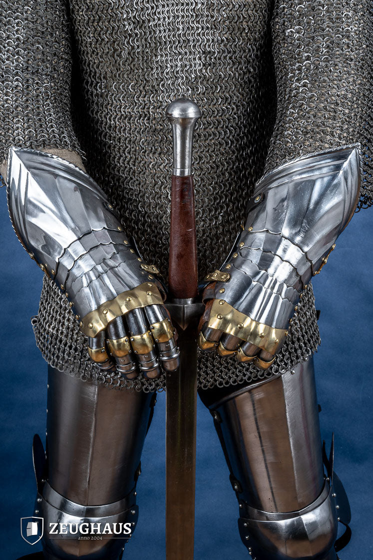15th Century German Gauntlets - 1.2mm Steel Medieval Armor with Brass Accents for LARP, Cosplay, and Historical Reenactment