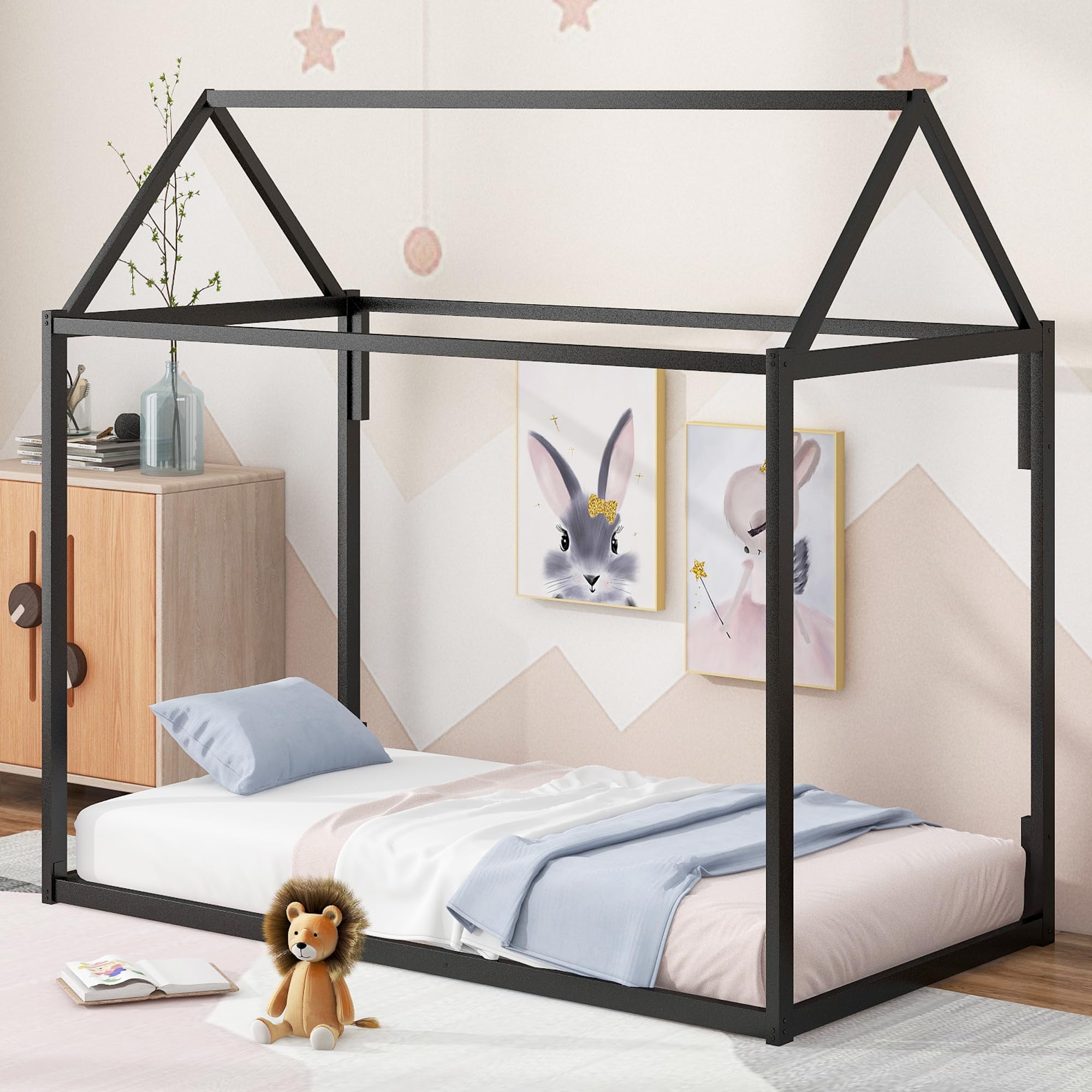 HABITRIO Twin Metal House Bed Frame - Sturdy House-Shaped Design for Teens & Adults, Easy Assembly, Black - Perfect for Bedroom, Dorm, Living Room & Kids Play Area