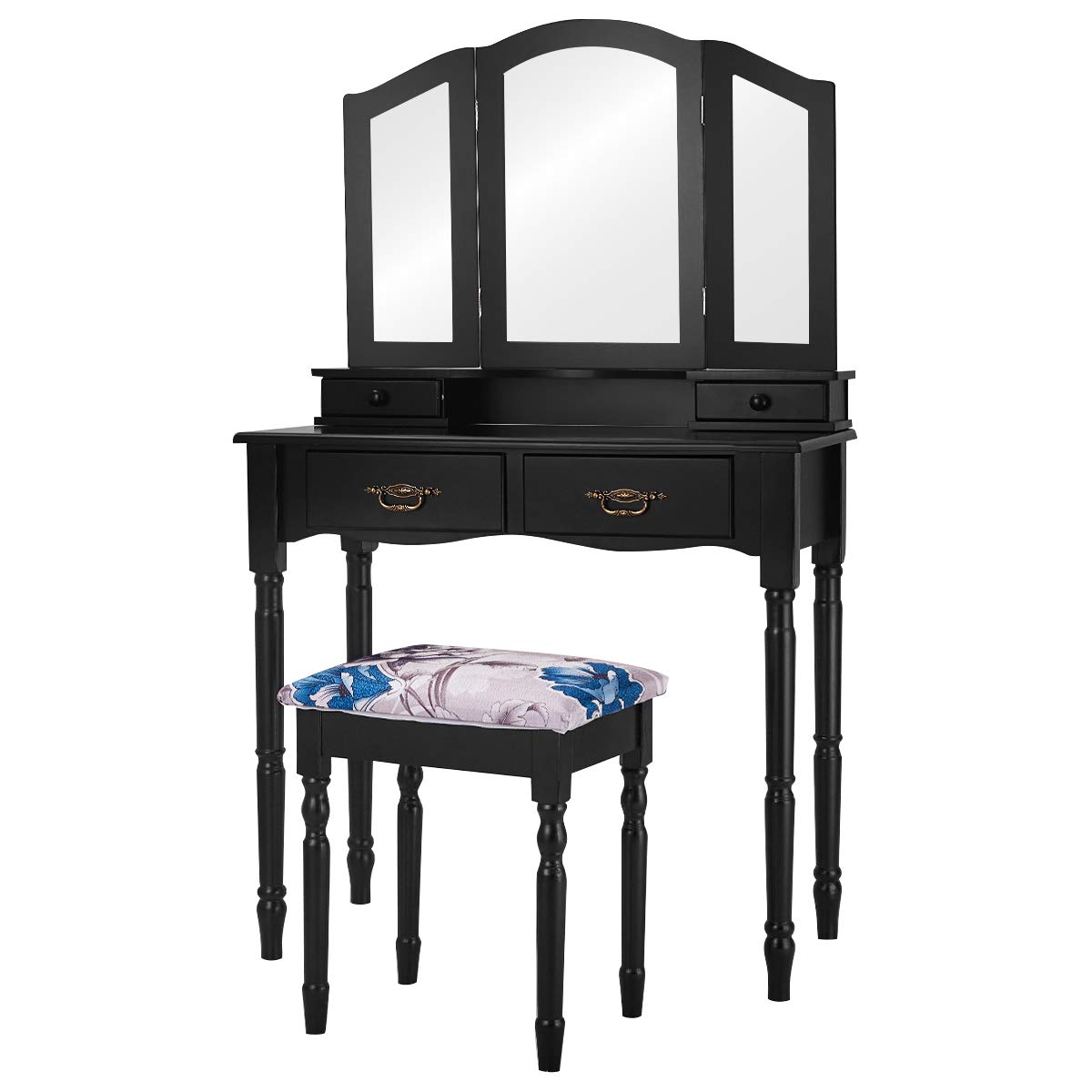 ReunionG Vanity Set with Stool and Mirror - Multifunctional Makeup Dressing Table with Drawers, Large Trifold Mirror & Cushioned Seat - Perfect for Bedroom, Home Beauty Station & Writing Desk (Black)