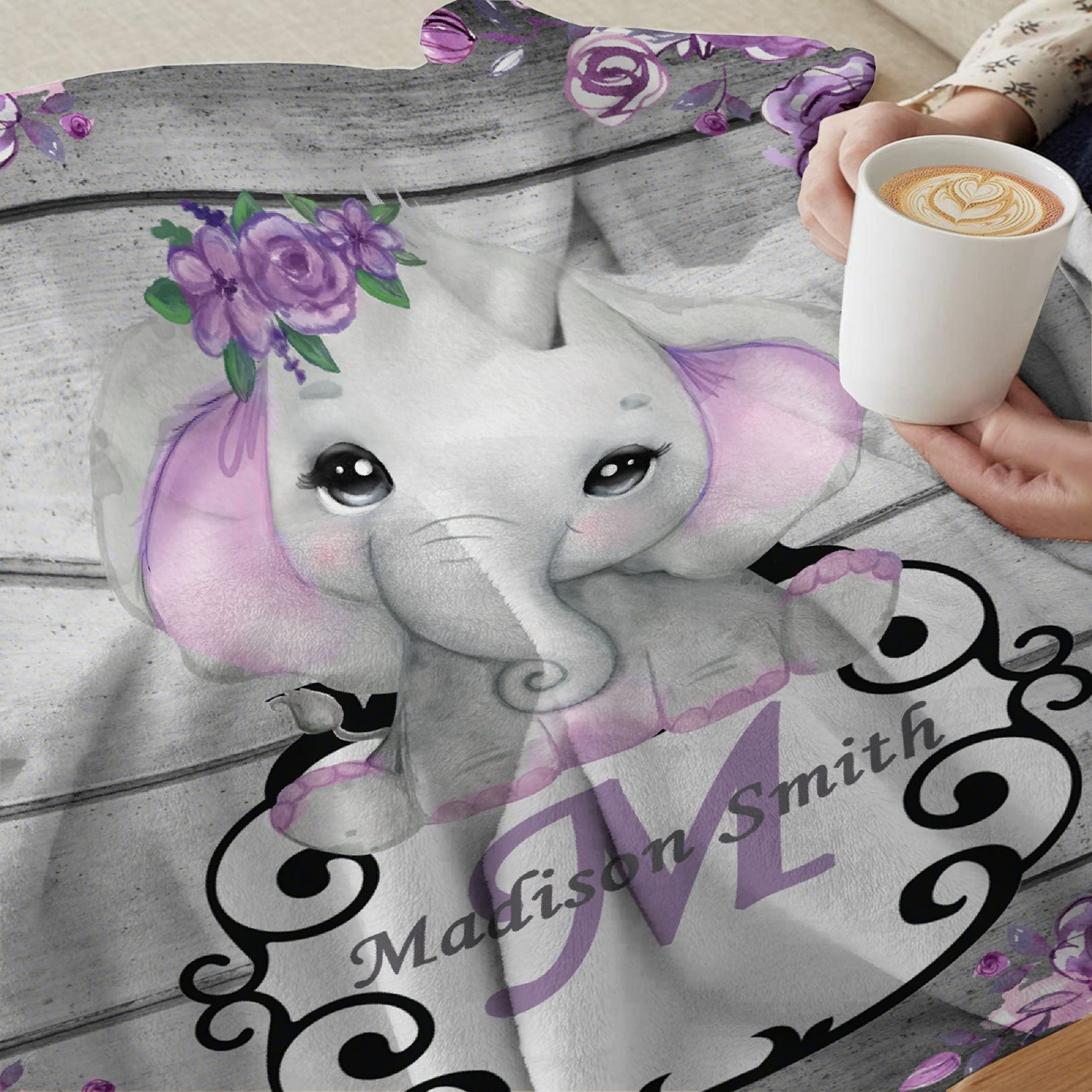 Personalized Custom Baby Blanket with Name - Purple Floral Elephant Fleece Blanket for Girls & Boys | 120x90 Inch Large Baby Shower Gift for Daughter, Granddaughter, Niece | Perfect for Nursery, Stroller, and Family Photo Props