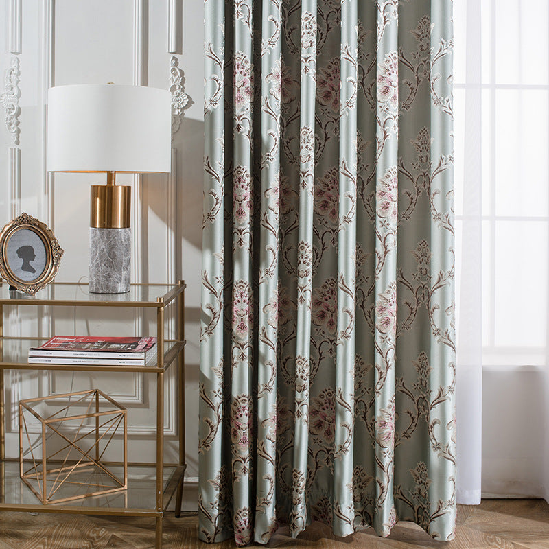 Mila Faux Silk Jacquard Floral Design Curtains - Light Blue Window Drapes for Living Room & Bedroom - Elegant Home Decor for Modern Interior Design