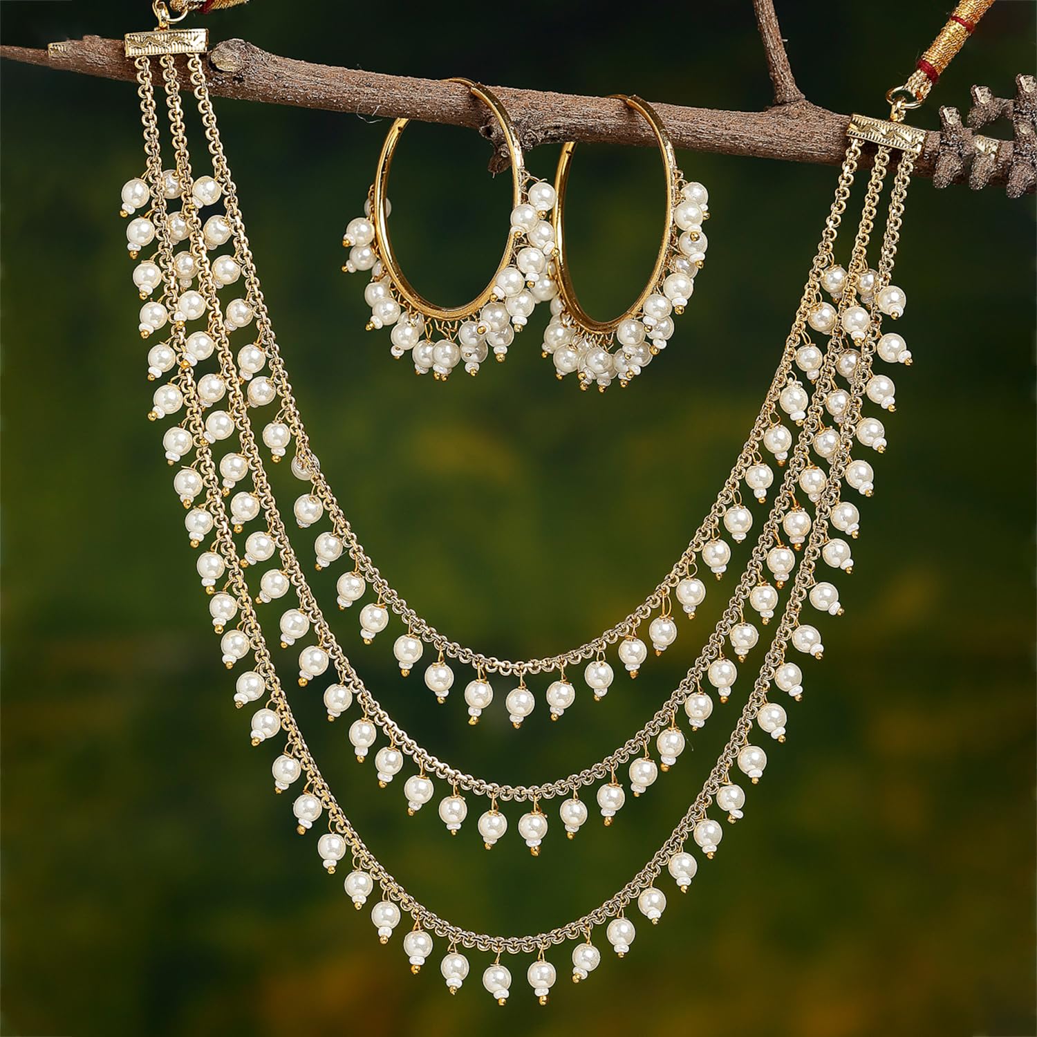 ZENEME 3-Layer Multi-Colored Pearl & Gold Plated Necklace & Earrings Set for Women | Traditional Jewelry Gift for Girls | Perfect for Weddings, Parties & Special Occasions