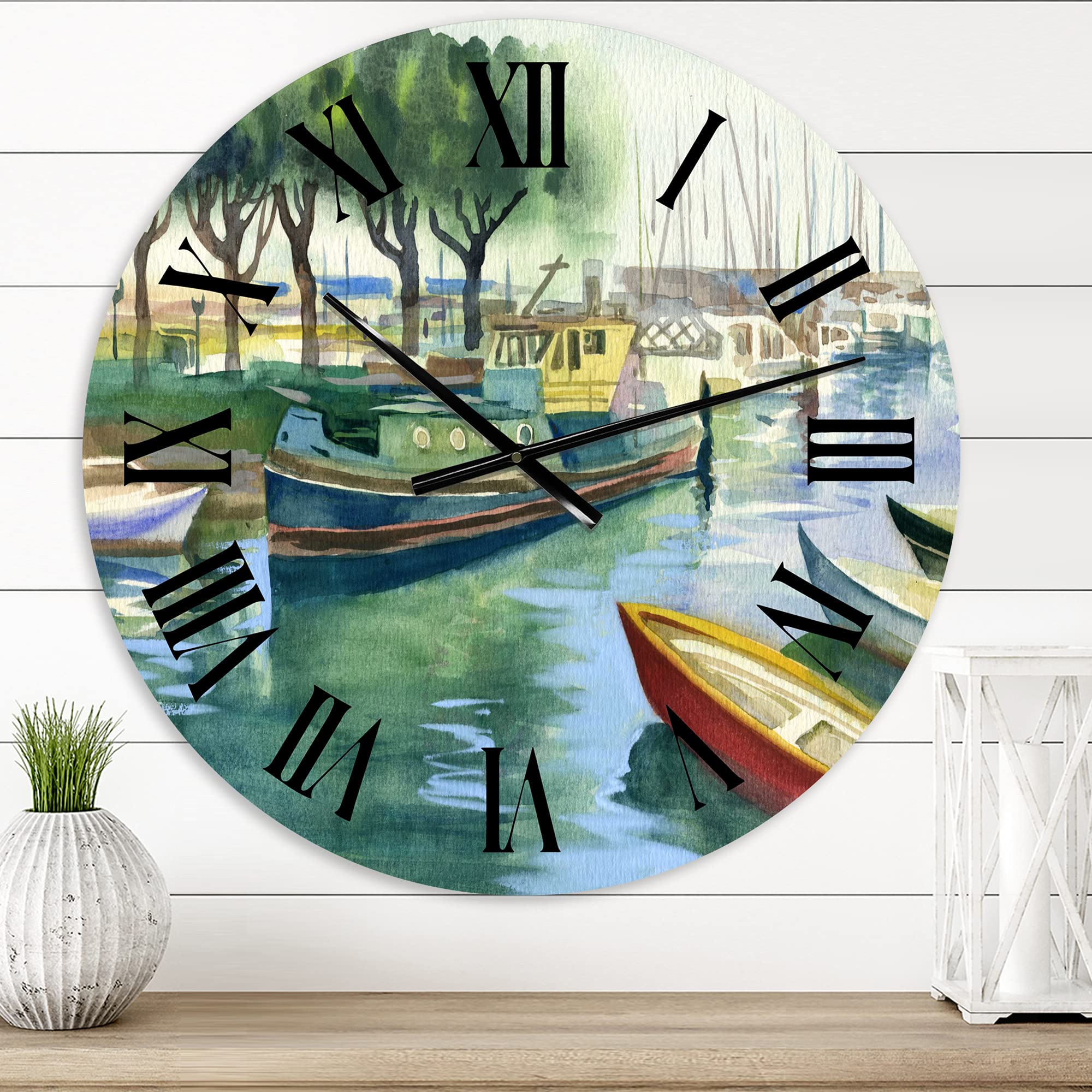 DesignQ Traditional Wall Clock 'Boats in Green Spring' - Large Landscape & Nature Wall Clock for Kitchen, Living Room, Bedroom Decor - Perfect for Home, Office & Gift Giving