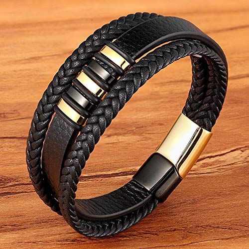Stylish Multi-Layer Braided Leather Bracelet for Men with Magnetic Clasp - Infinity Black Italian Genuine Leather Cuff Bangle (8.3