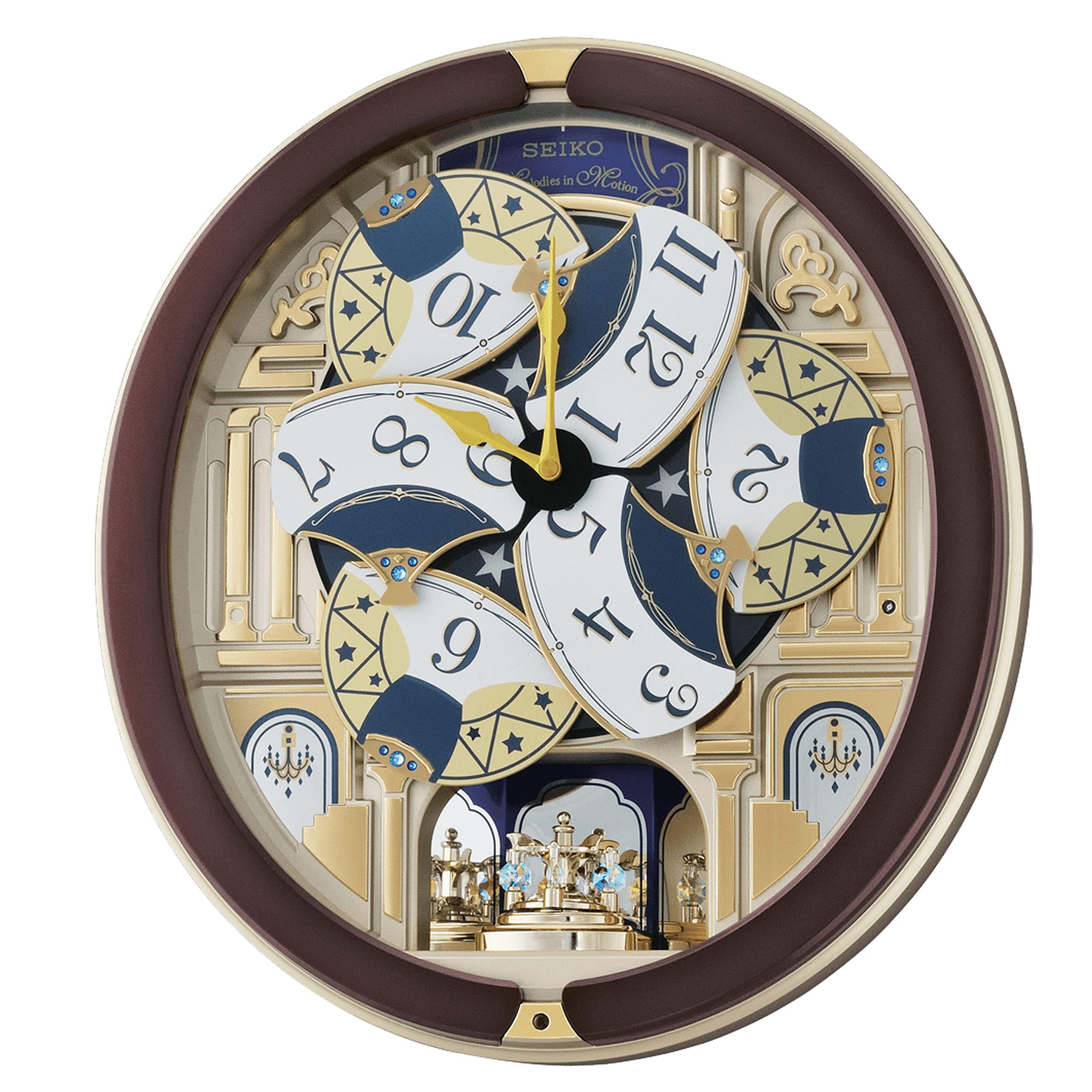 Seiko Melodies in Motion Wall Clock with Golden Pillars - Elegant Musical Quartz Clock for Living Room, Bedroom & Office Decor