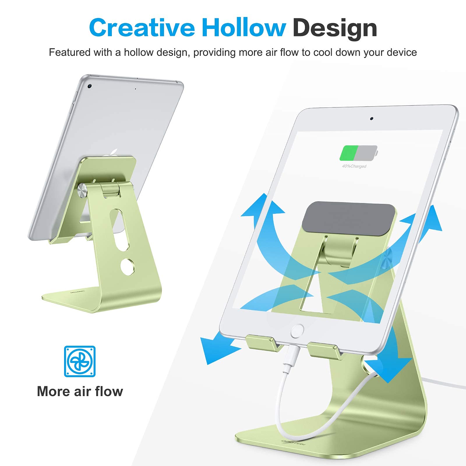 OMOTON Adjustable Tablet Stand for Desk - Upgraded Longer Arms for Stability, T2 Tablet Holder with Hollow Design Fits iPad Pro/Air/Mini & Large Phones - Green - Perfect for Home Office, Online Learning & Watching Videos