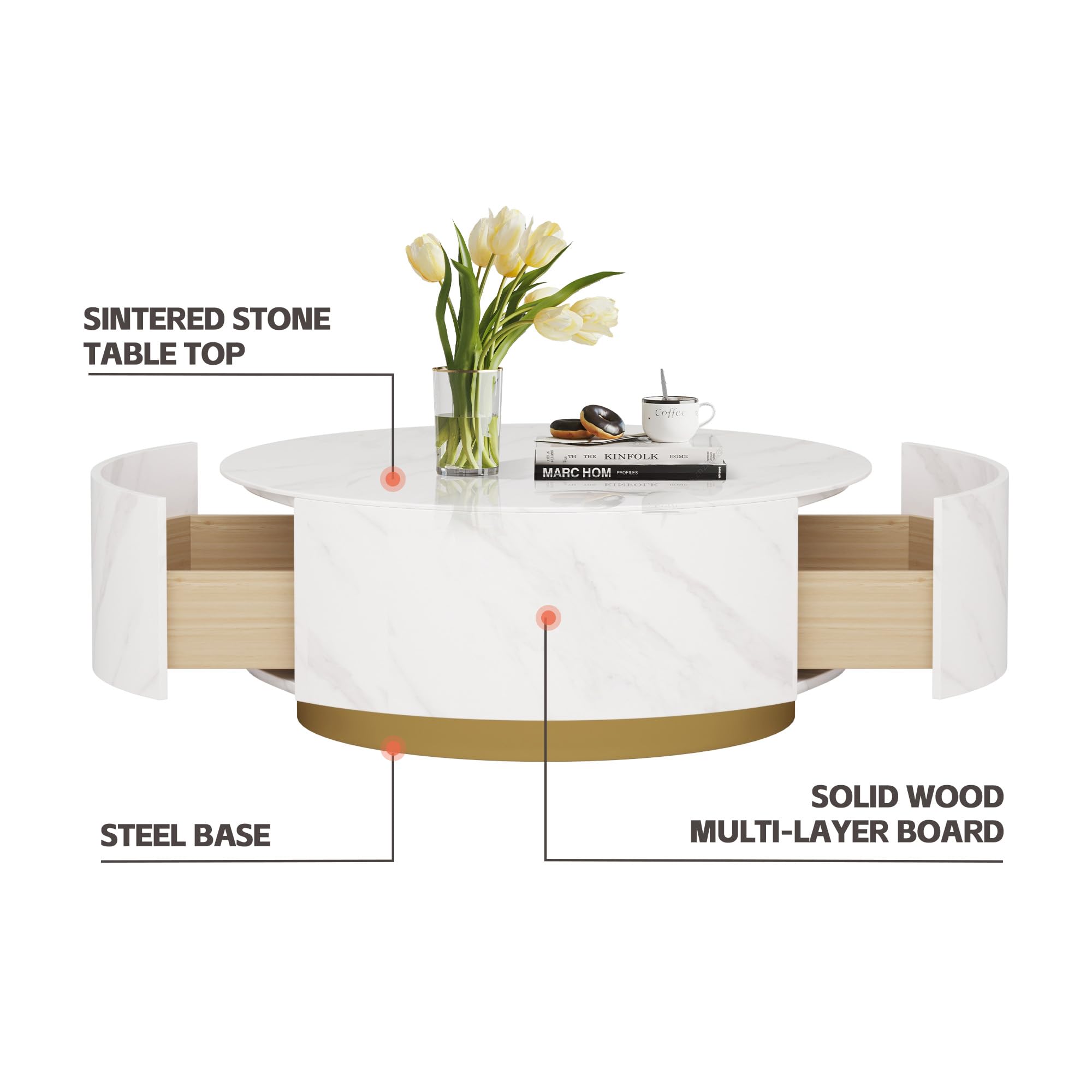 Modern Round Coffee Table with 2 Drawers - Sintered Stone Tabletop & Gold Metal Base - 33.4