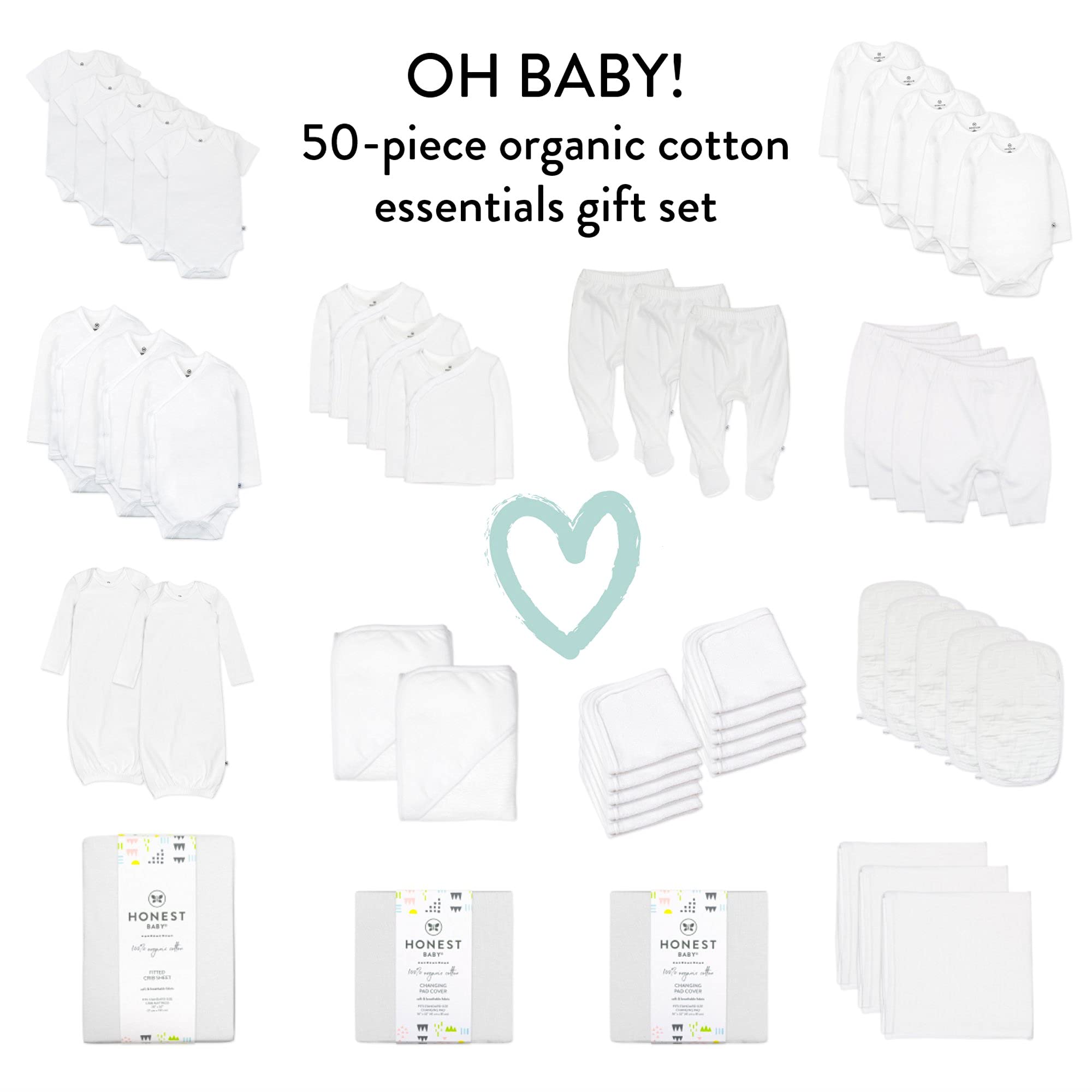 HonestBaby 50-Piece Organic Cotton Newborn Essentials Gift Set - 100% Soft Baby Clothes for Boys, Girls & Unisex Infants | Perfect Baby Shower Gift & First Outfit