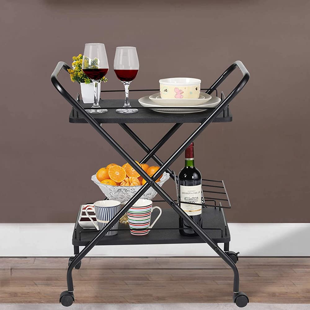 HomVent Rolling Bar Cart with Wine Rack - 2-Tier Wooden Trays Metal Serving Trolley for Kitchen, Hotel & Restaurant - Mobile Kitchen Cart for Wine, Tea & Beverage Serving - Perfect for Home Entertaining, Commercial Use & Party Hosting