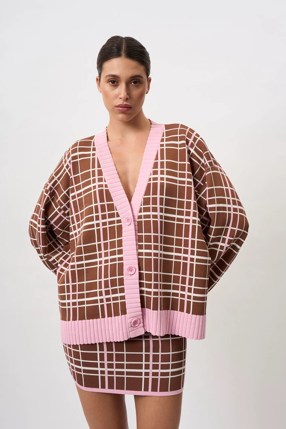 Carolina Check Knit Mini Skirt - Brown & Pink | Women's Fashion Skirt for Casual Outfits, Parties & Date Nights
