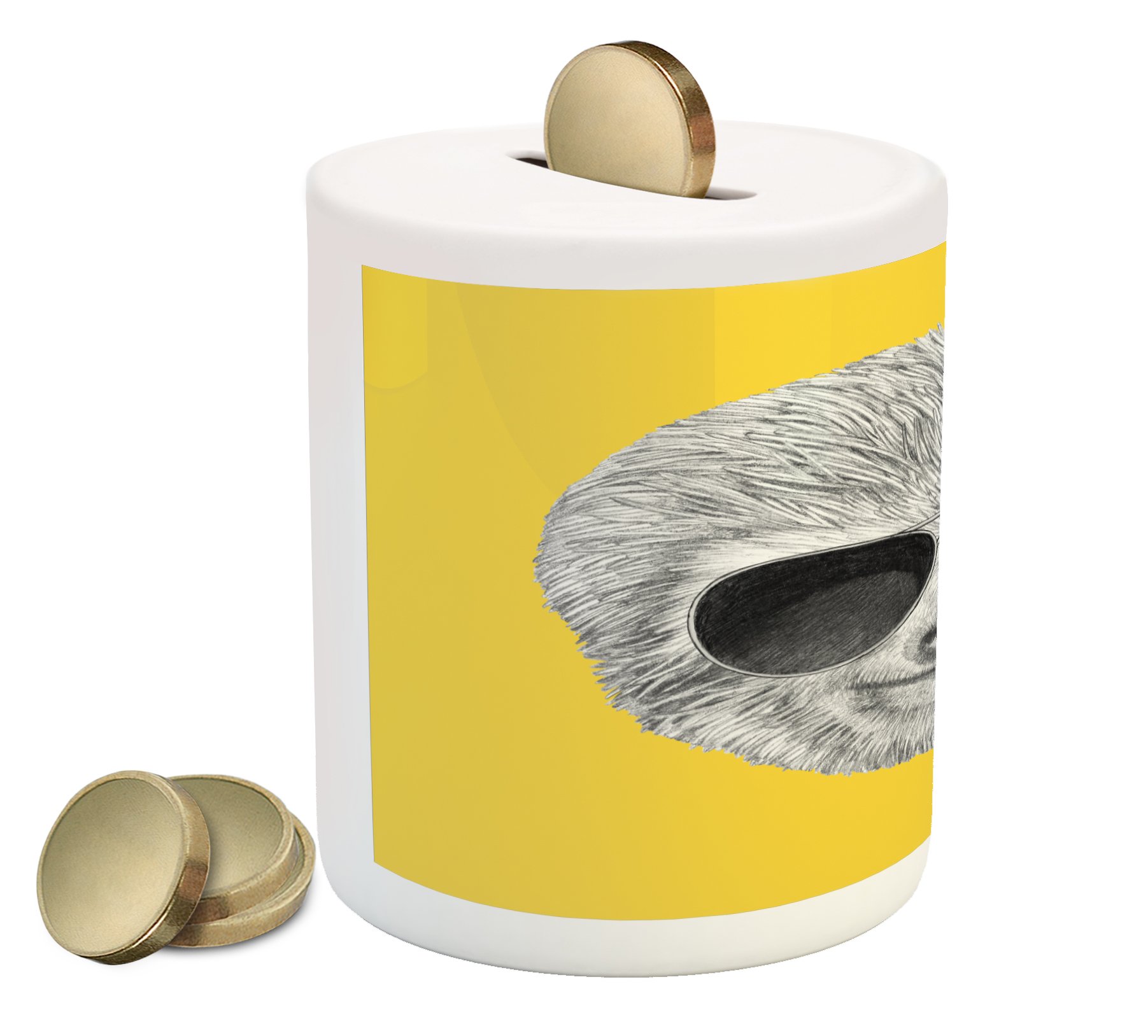 Ambesonne Sloth Piggy Bank - Funny Sunglasses Smiling Jungle Animal Ceramic Coin Bank for Cash Saving, Yellow & Grey - Perfect for Kids Room Decor, Birthday Gifts & Money Saving Goals