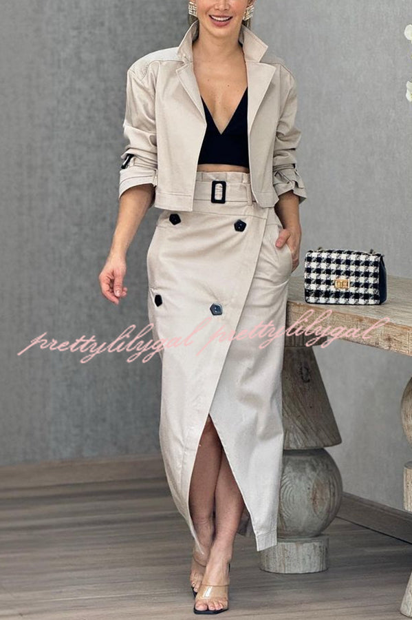 Elegant Work Style Lapel Long Sleeve Blazer & Button Belt Pocketed Slit Midi Skirt Set - Professional Office Outfit for Women | Business Casual Attire for Work, Meetings & Formal Events