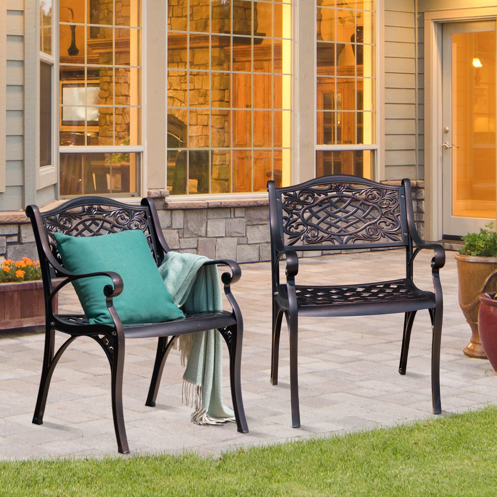 Tangkula 2-Piece Outdoor Dining Chairs Set - All-Weather Cast Aluminum Patio Chairs with Armrests & Curved Seats - Perfect for Garden, Poolside, Backyard, Deck & Outdoor Entertaining